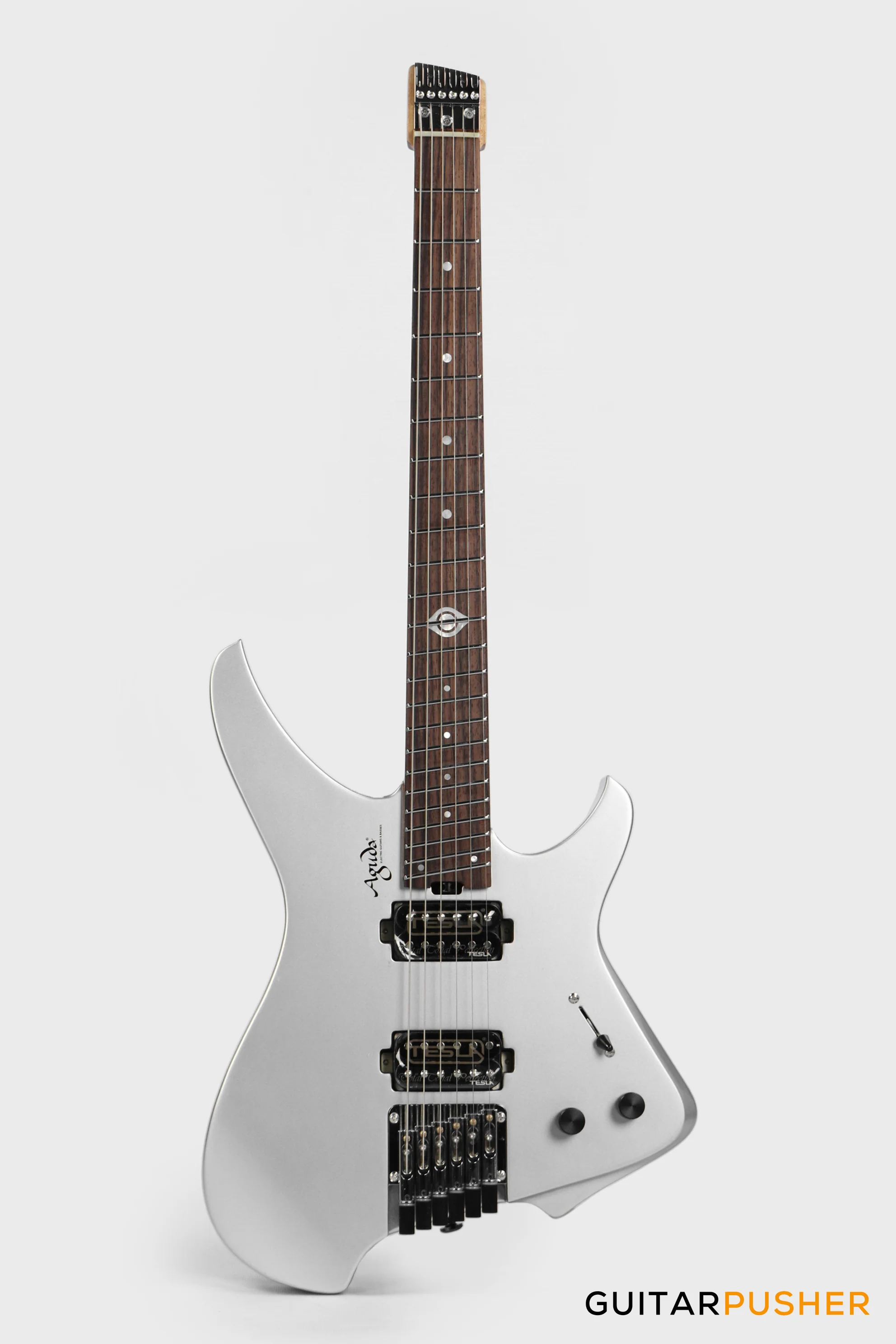 Aguda Black Hole Headless Electric Guitar Mahogany Body Ebony Fretboard, Fixed Bridge - Silver Sparkle - Image 2