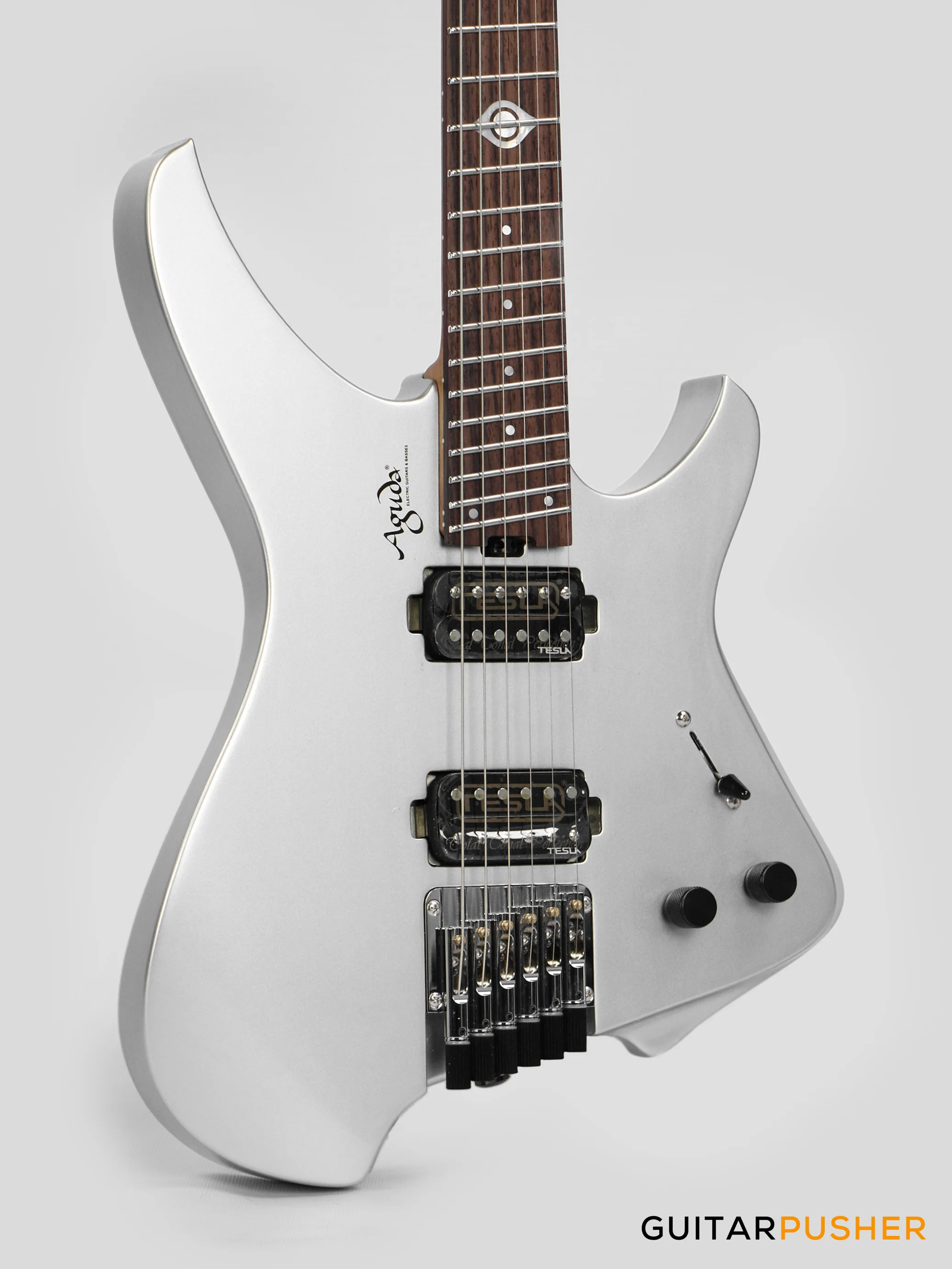 Aguda Black Hole Headless Electric Guitar Mahogany Body Ebony Fretboard, Fixed Bridge - Silver Sparkle - Image 3