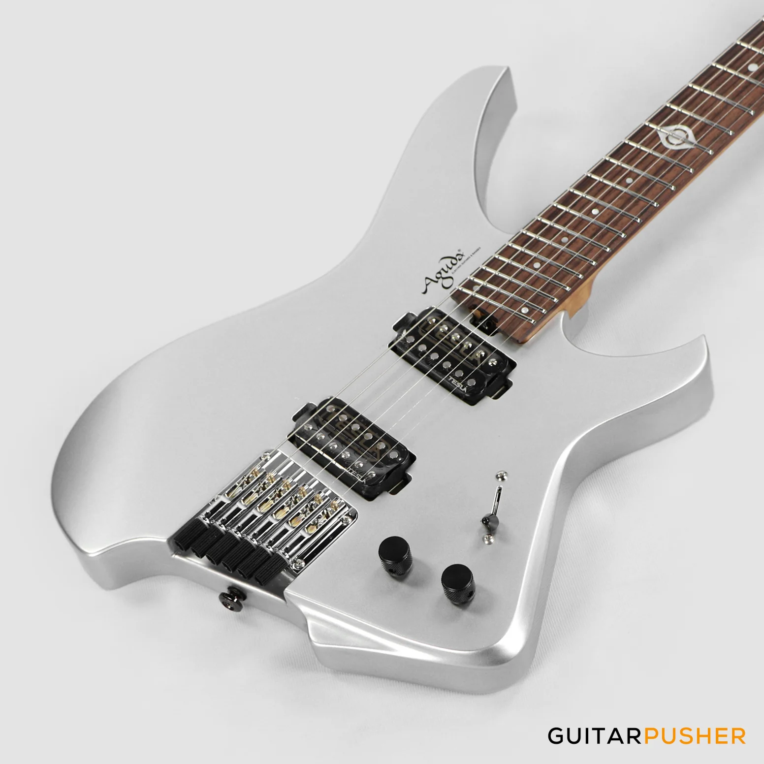 Aguda Black Hole Headless Electric Guitar Mahogany Body Ebony Fretboard, Fixed Bridge - Silver Sparkle - Image 8