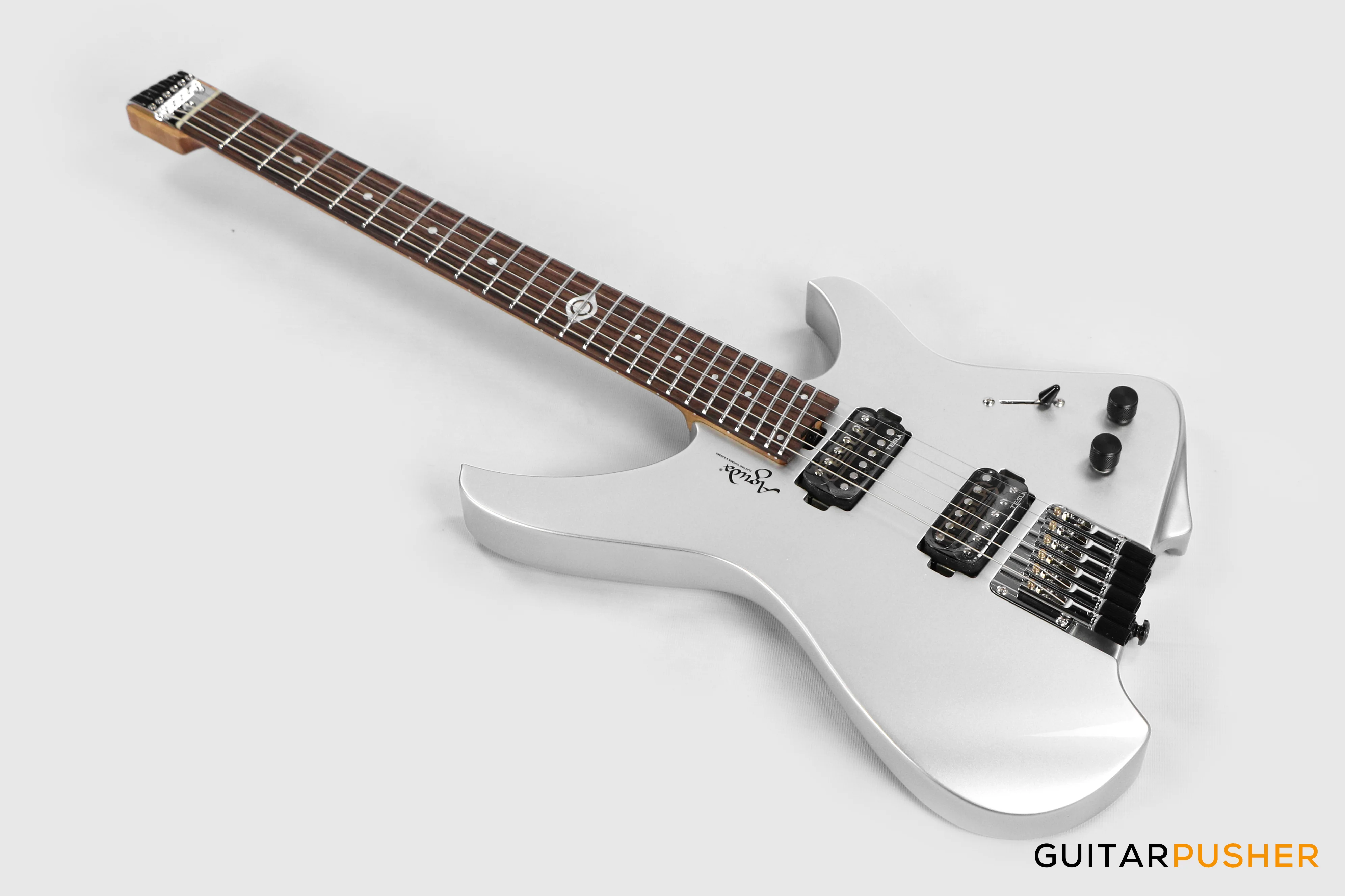 Aguda Black Hole Headless Electric Guitar Mahogany Body Ebony Fretboard, Fixed Bridge - Silver Sparkle - Image 9