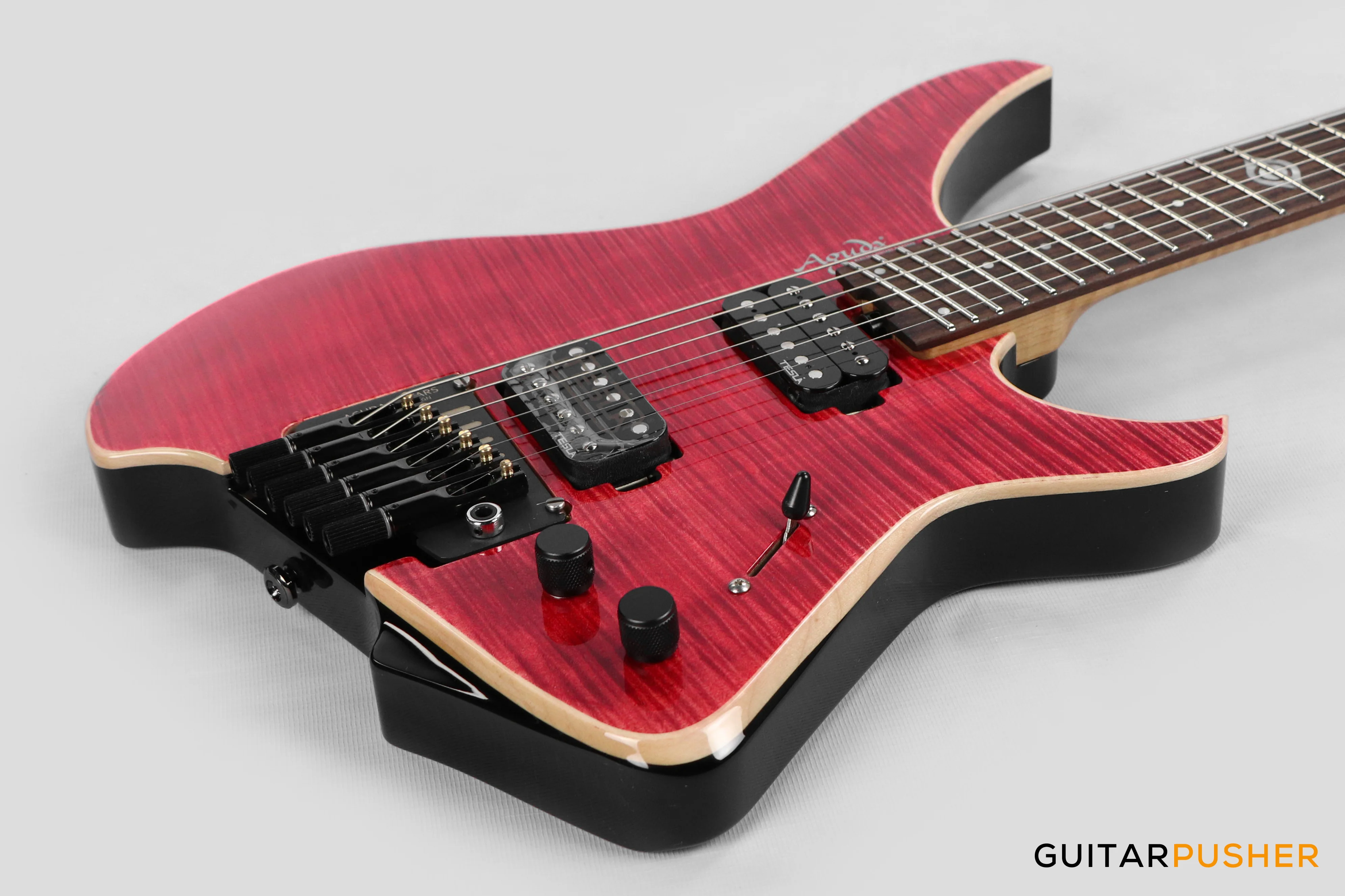 Aguda Black Hole Headless Electric Guitar Mahogany Body Ebony Fretboard, Flamed Maple Top - Trans Red - Image 10