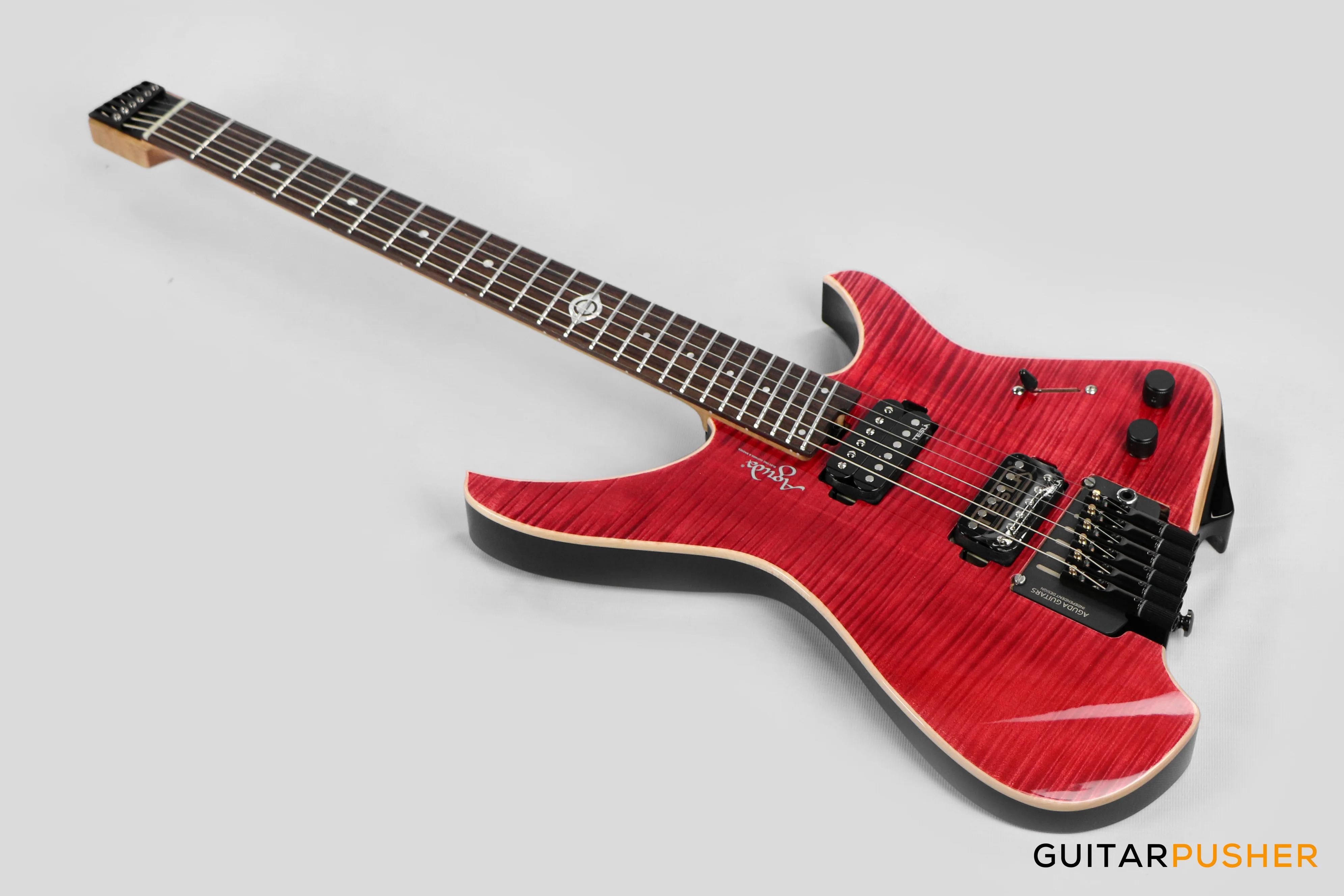 Aguda Black Hole Headless Electric Guitar Mahogany Body Ebony Fretboard, Flamed Maple Top - Trans Red - Image 11