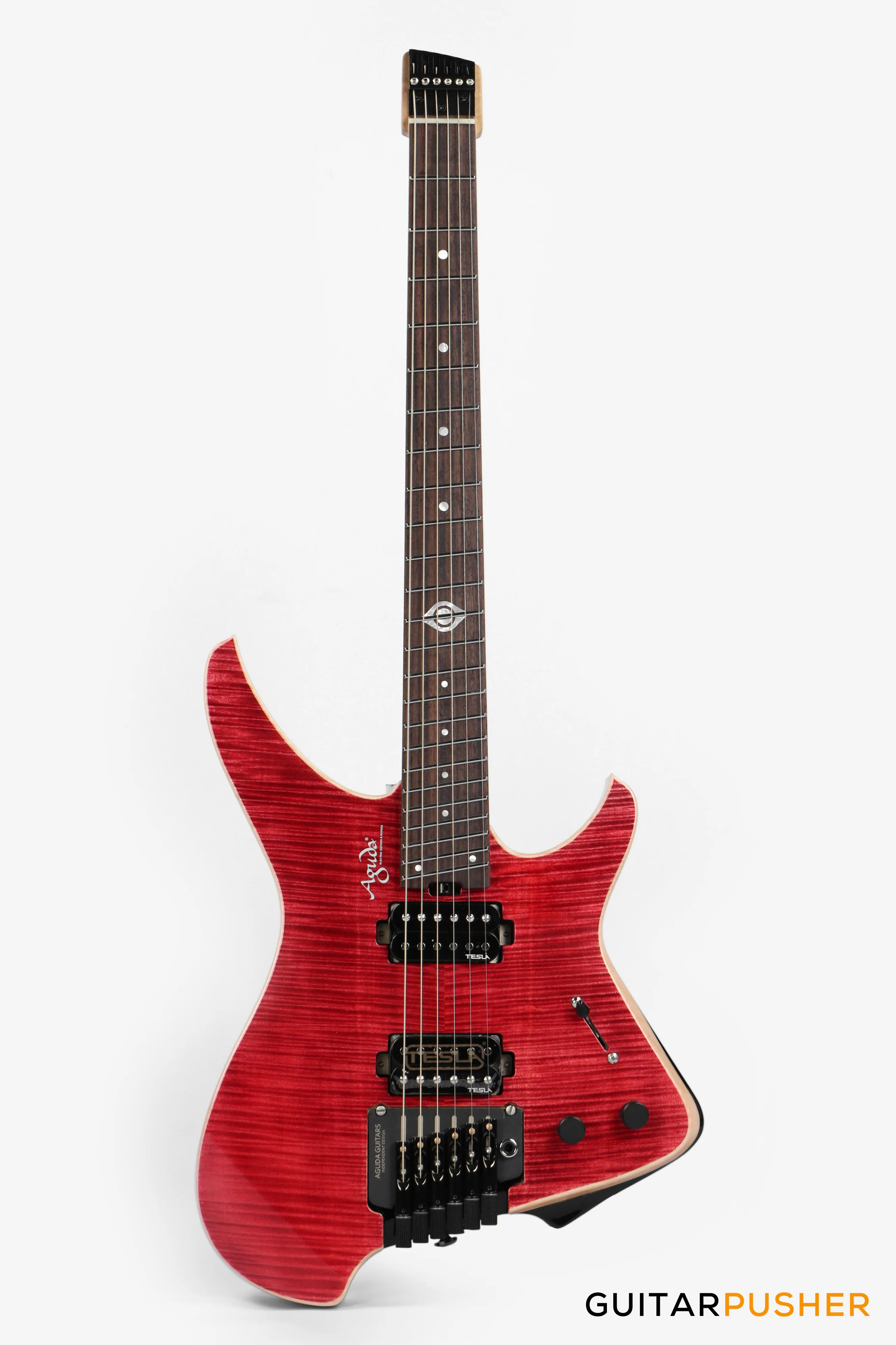 Aguda Black Hole Headless Electric Guitar Mahogany Body Ebony Fretboard, Flamed Maple Top - Trans Red - Image 2