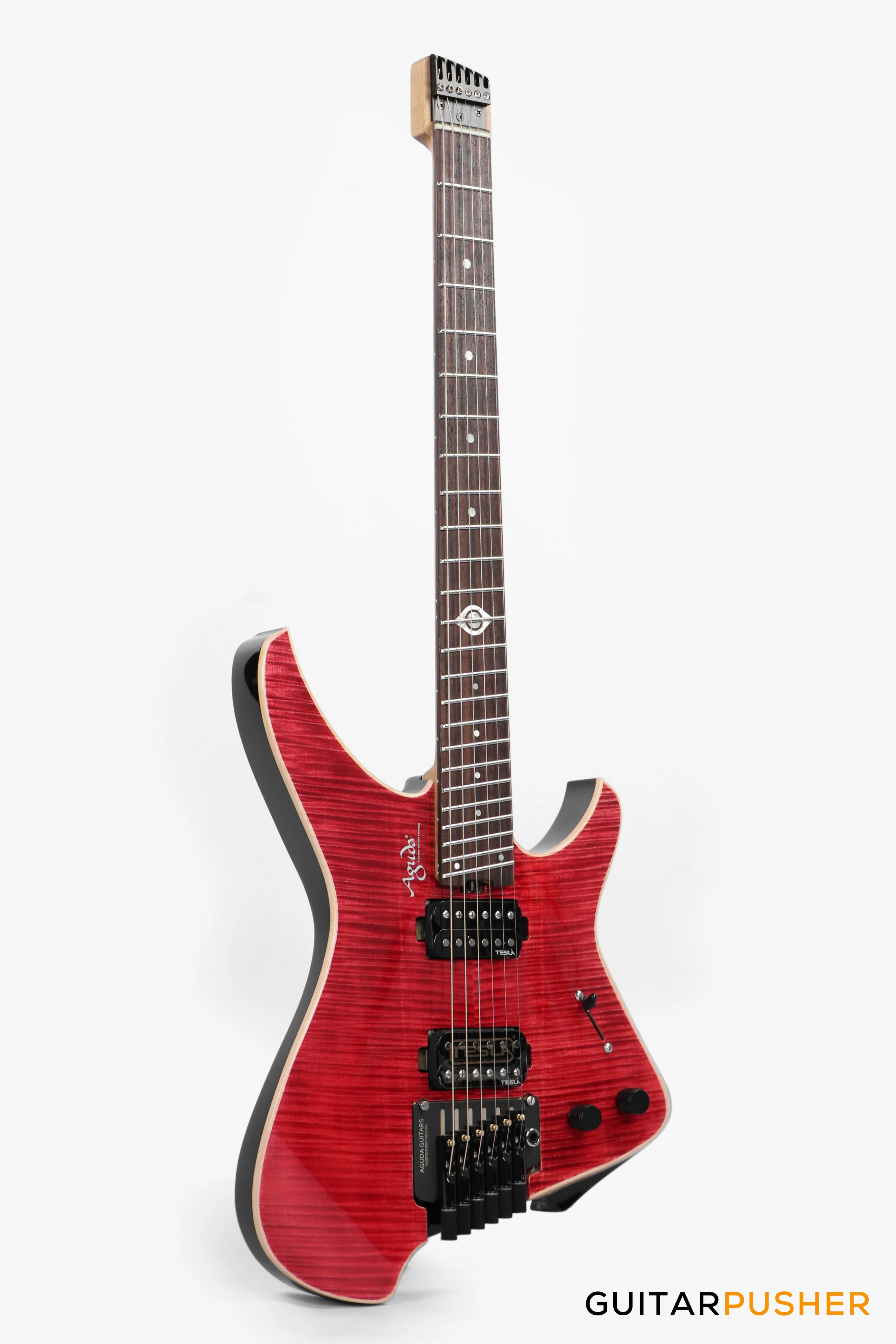Aguda Black Hole Headless Electric Guitar Mahogany Body Ebony Fretboard, Flamed Maple Top - Trans Red - Image 3