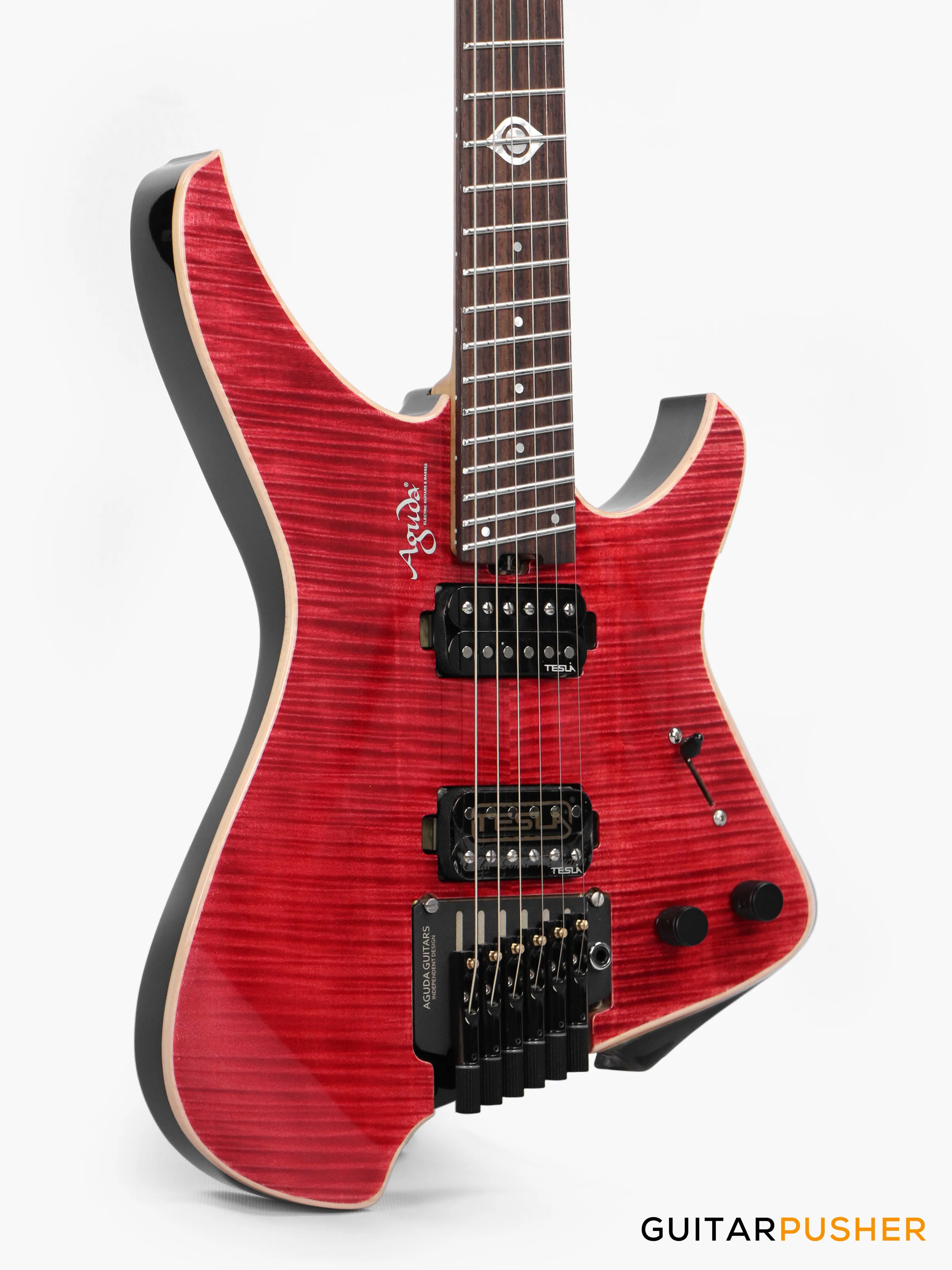 Aguda Black Hole Headless Electric Guitar Mahogany Body Ebony Fretboard, Flamed Maple Top - Trans Red - Image 4