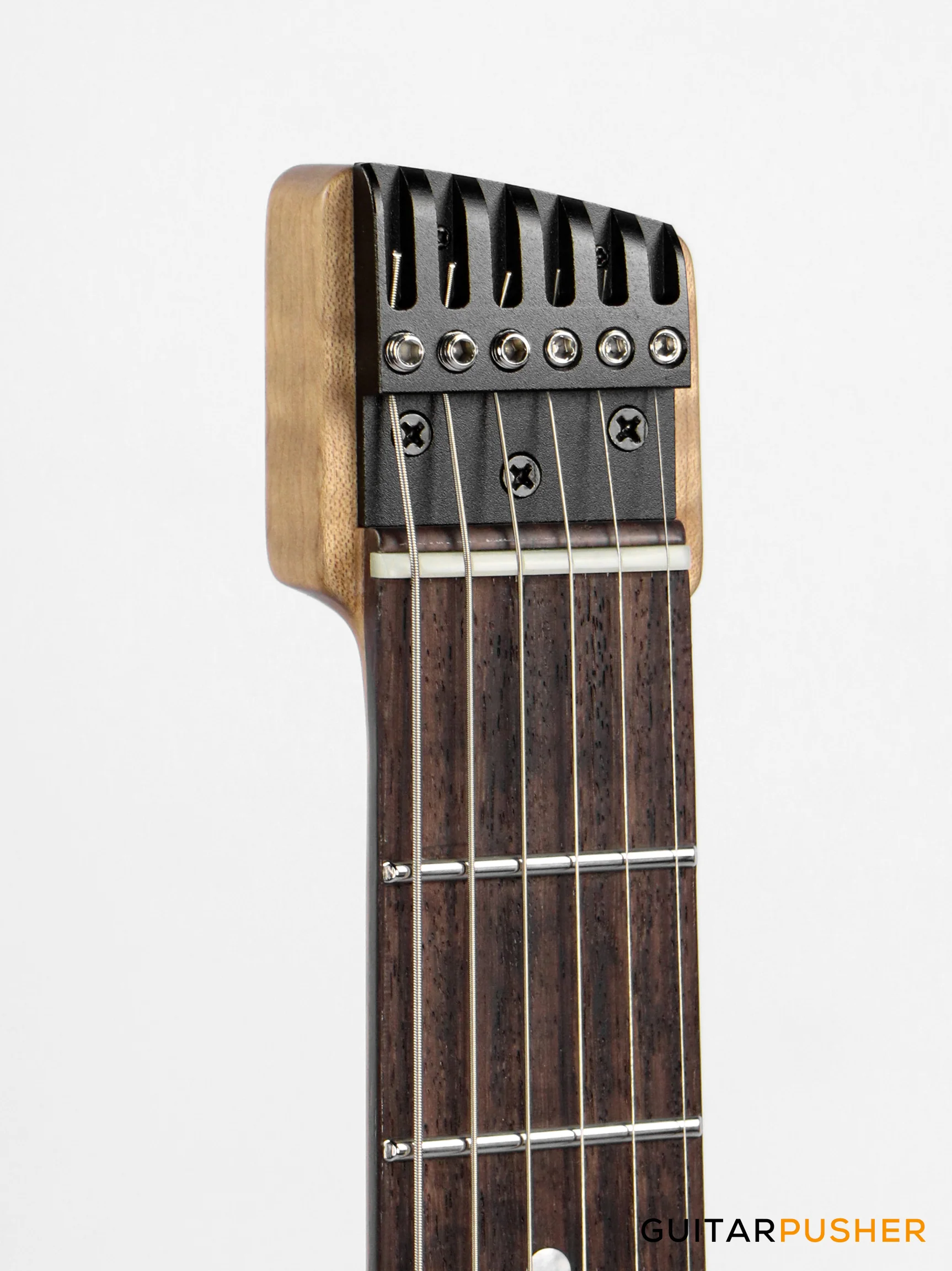 Aguda Black Hole Headless Electric Guitar Mahogany Body Ebony Fretboard, Flamed Maple Top - Trans Red - Image 5