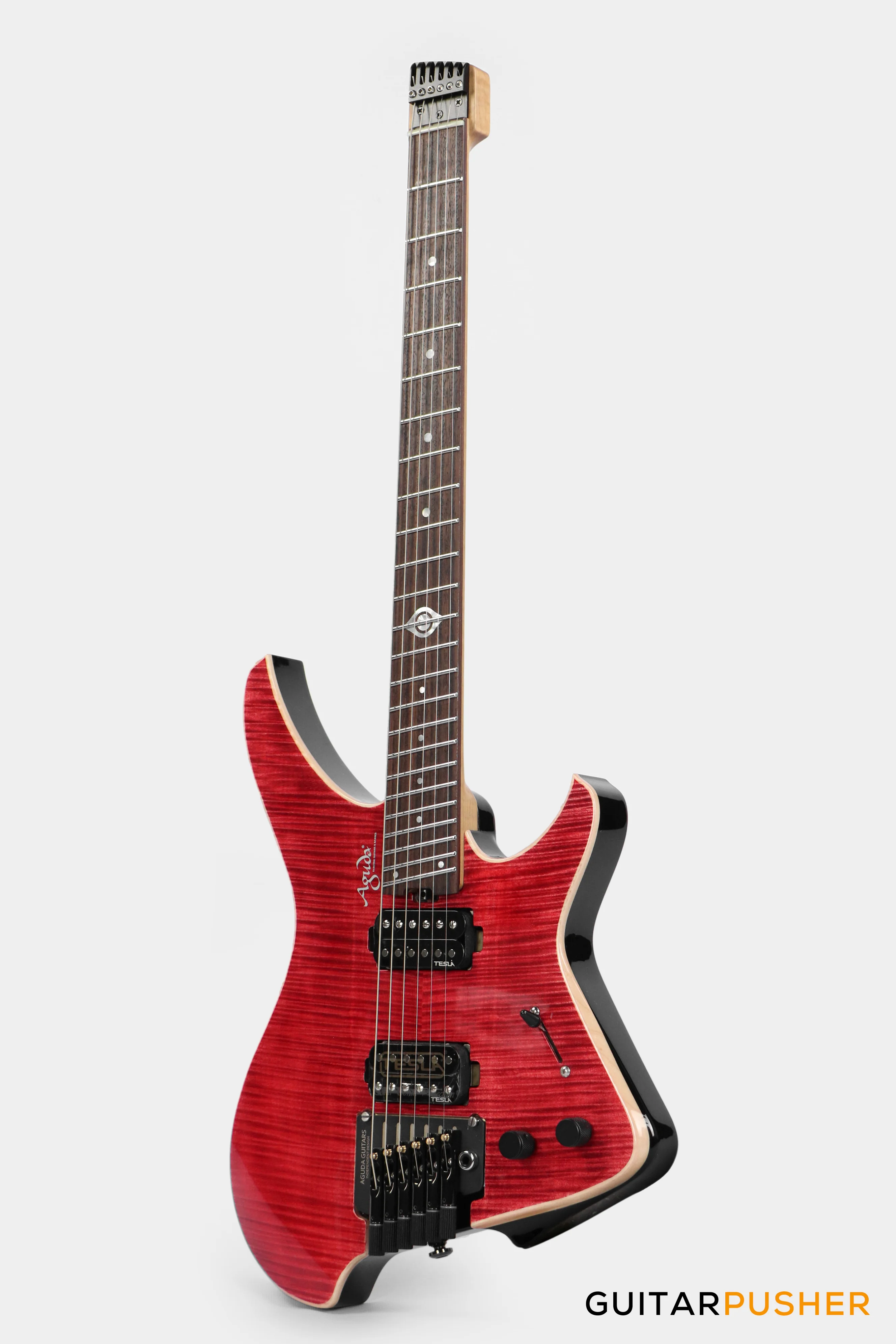 Aguda Black Hole Headless Electric Guitar Mahogany Body Ebony Fretboard, Flamed Maple Top - Trans Red - Image 7