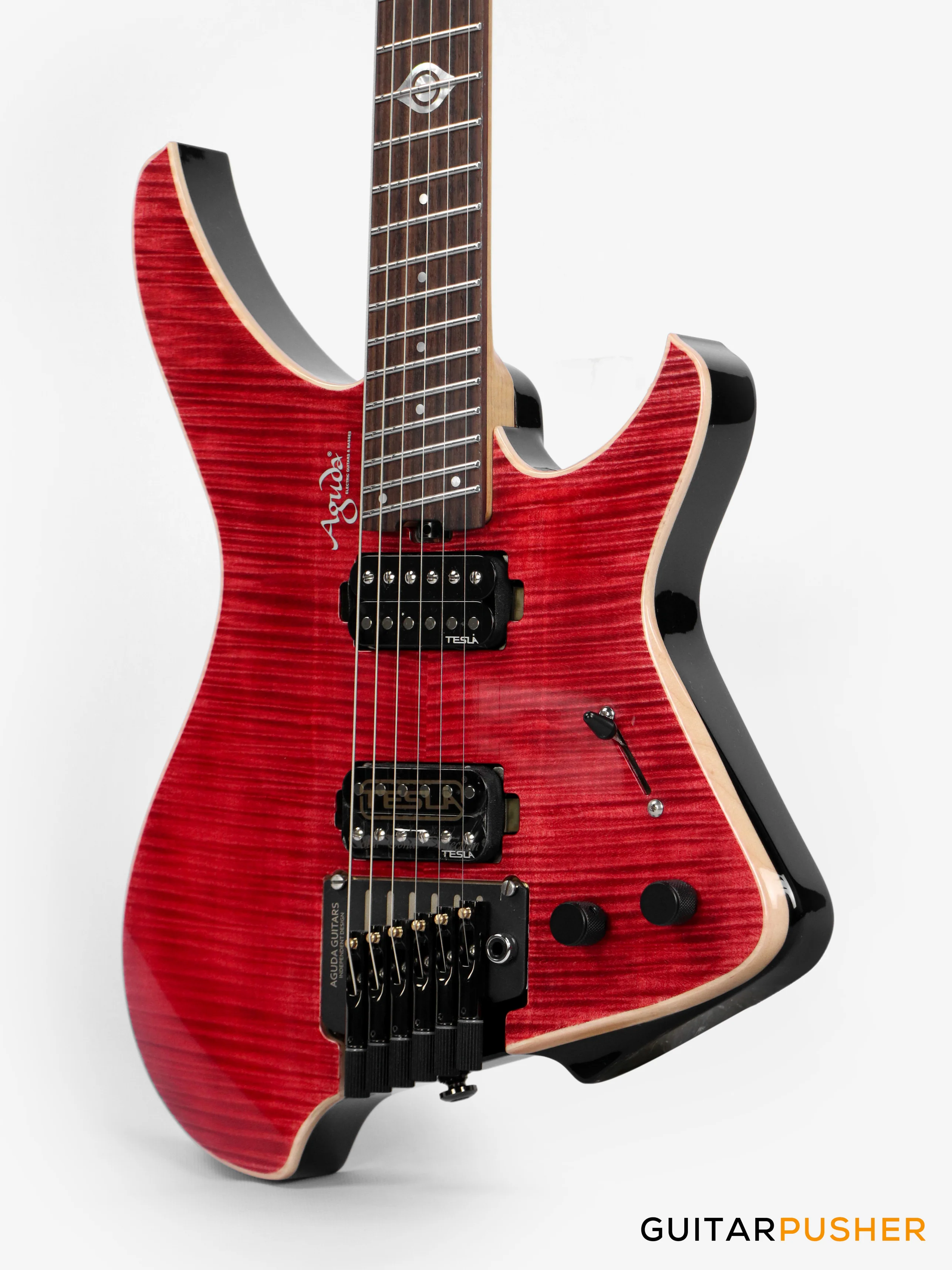 Aguda Black Hole Headless Electric Guitar Mahogany Body Ebony Fretboard, Flamed Maple Top - Trans Red - Image 8