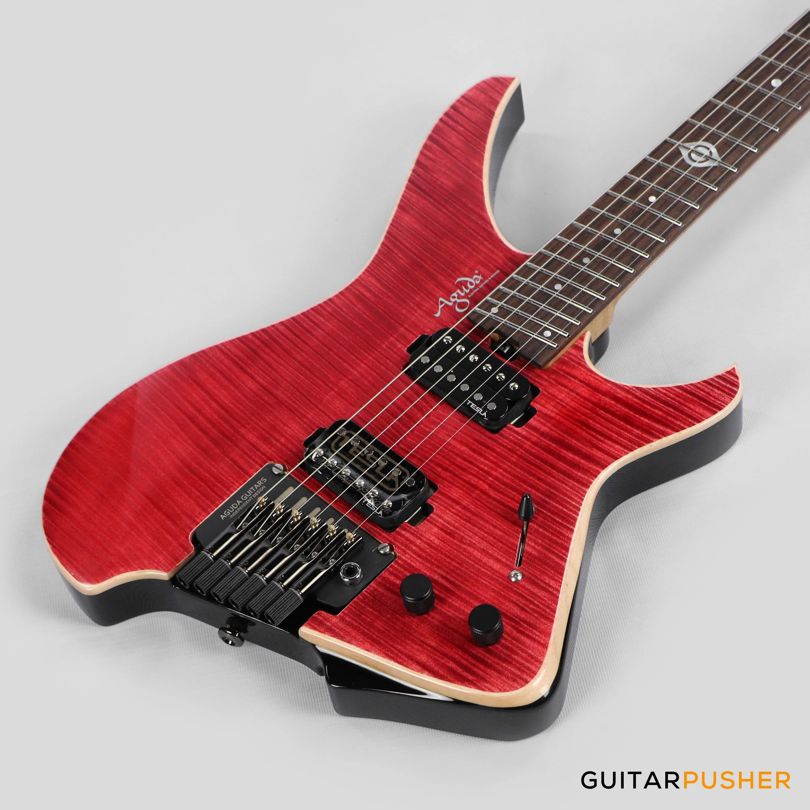 Aguda Black Hole Headless Electric Guitar Mahogany Body Ebony Fretboard, Flamed Maple Top - Trans Red - Image 9