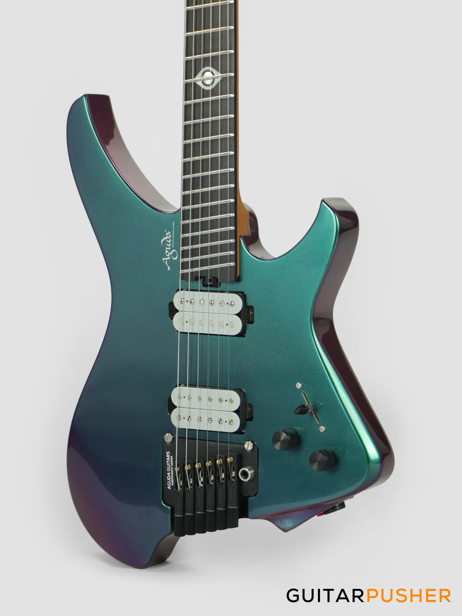 Aguda Black Hole Headless Electric Guitar Mahogany Body Ebony Fretboard - Green Chameleon - Image 12