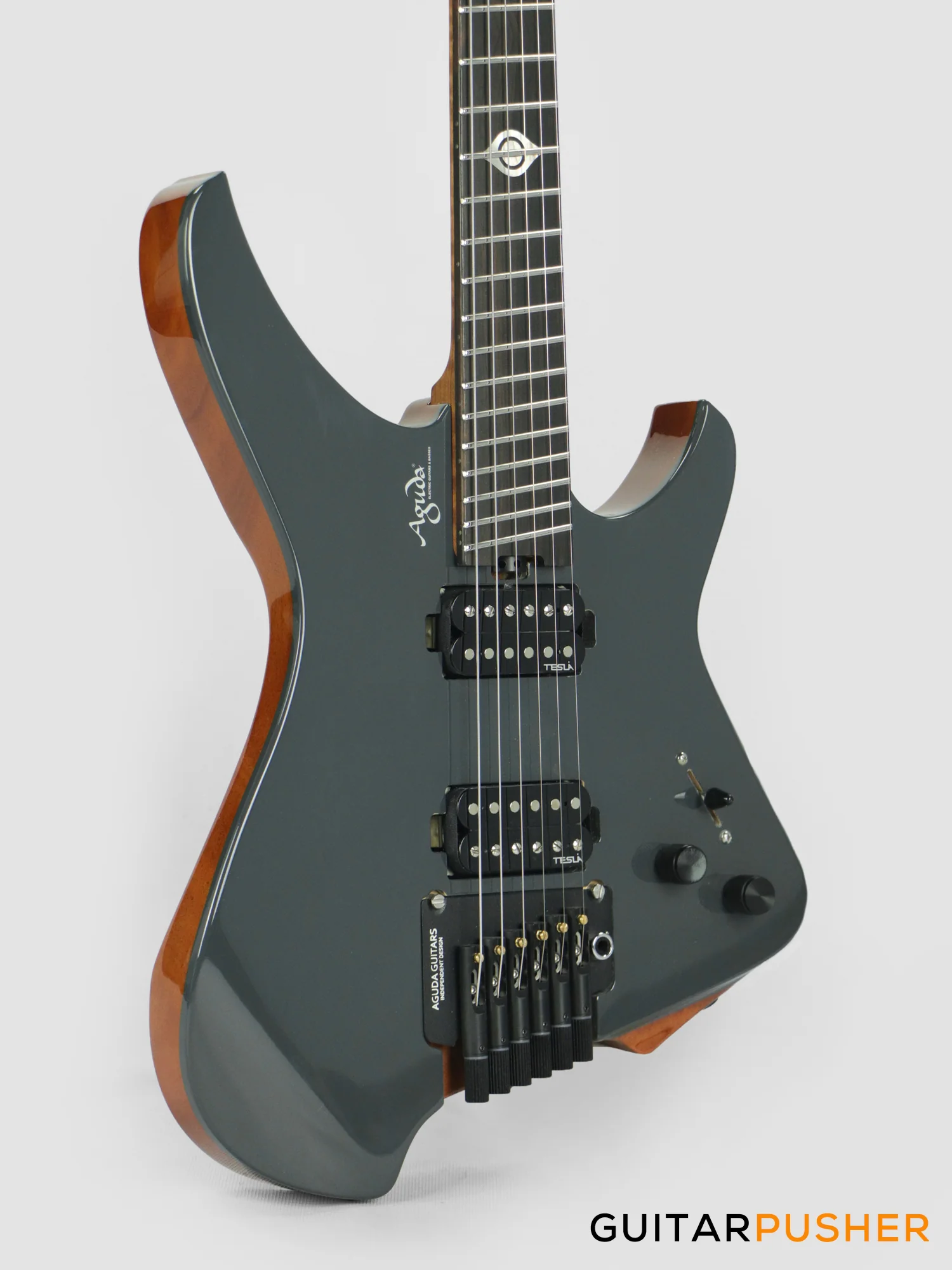 Aguda Black Hole Headless Electric Guitar Mahogany Body Ebony Fretboard - Grey Natural - Image 5