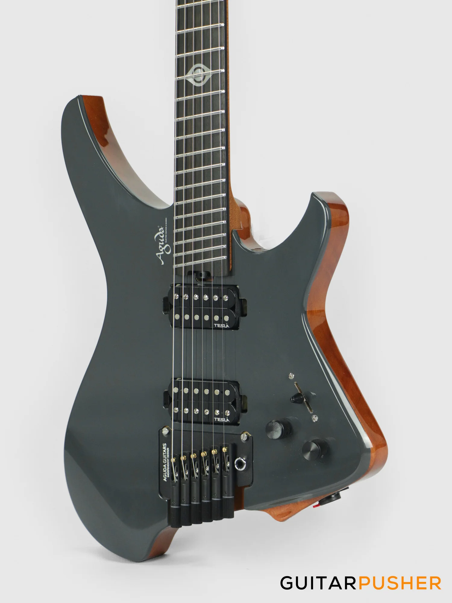 Aguda Black Hole Headless Electric Guitar Mahogany Body Ebony Fretboard - Grey Natural - Image 8
