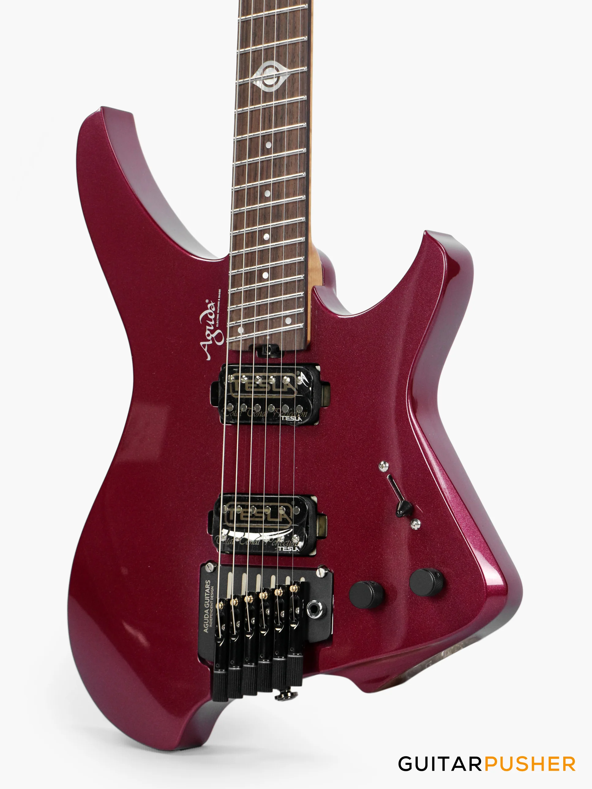 Aguda Black Hole Headless Electric Guitar Mahogany Body Ebony Fretboard - Metallic Magenta - Image 3