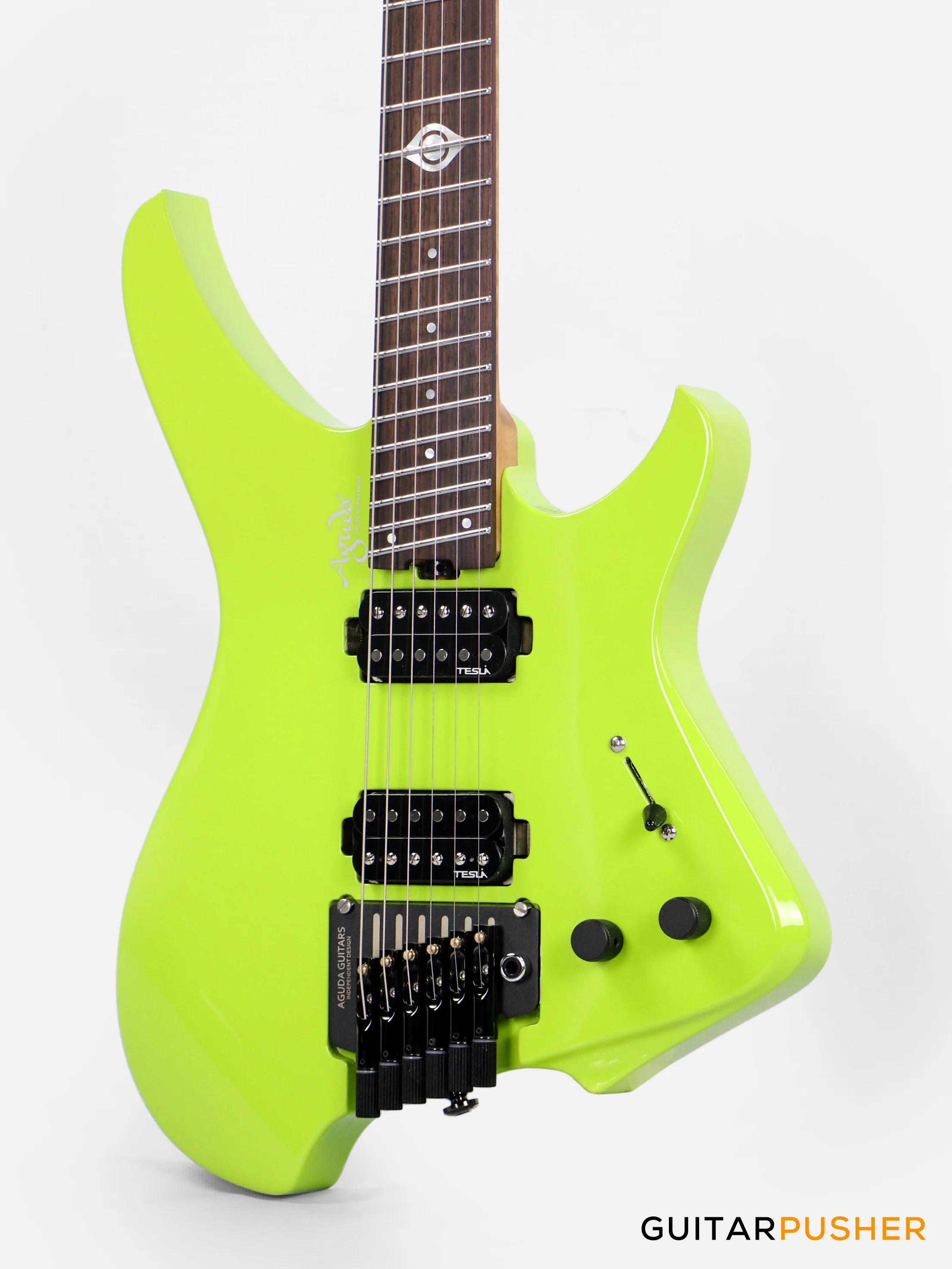 Aguda Black Hole Headless Electric Guitar Mahogany Body Ebony Fretboard - Neon Green - Image 10