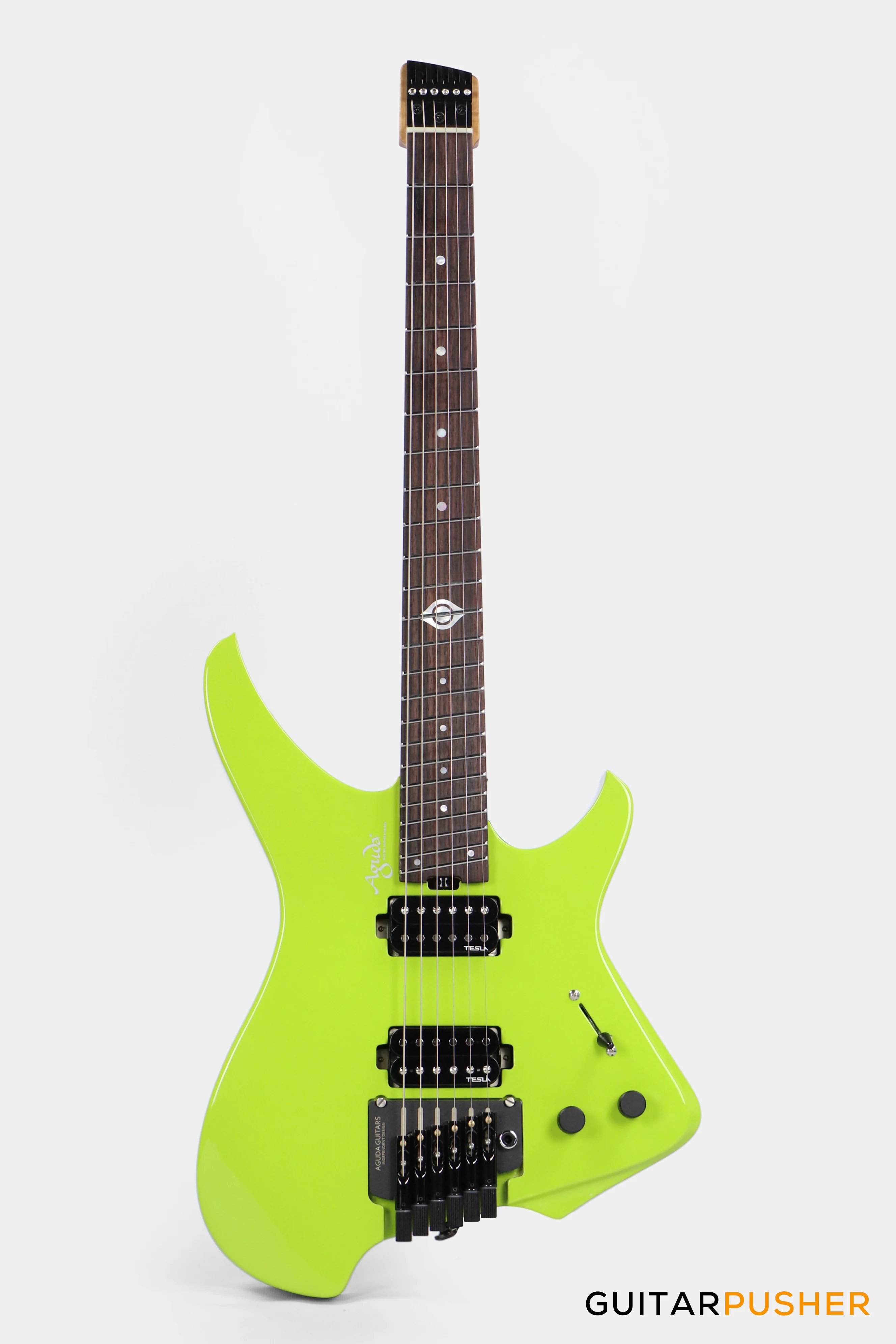 Aguda Black Hole Headless Electric Guitar Mahogany Body Ebony Fretboard - Neon Green - Image 2