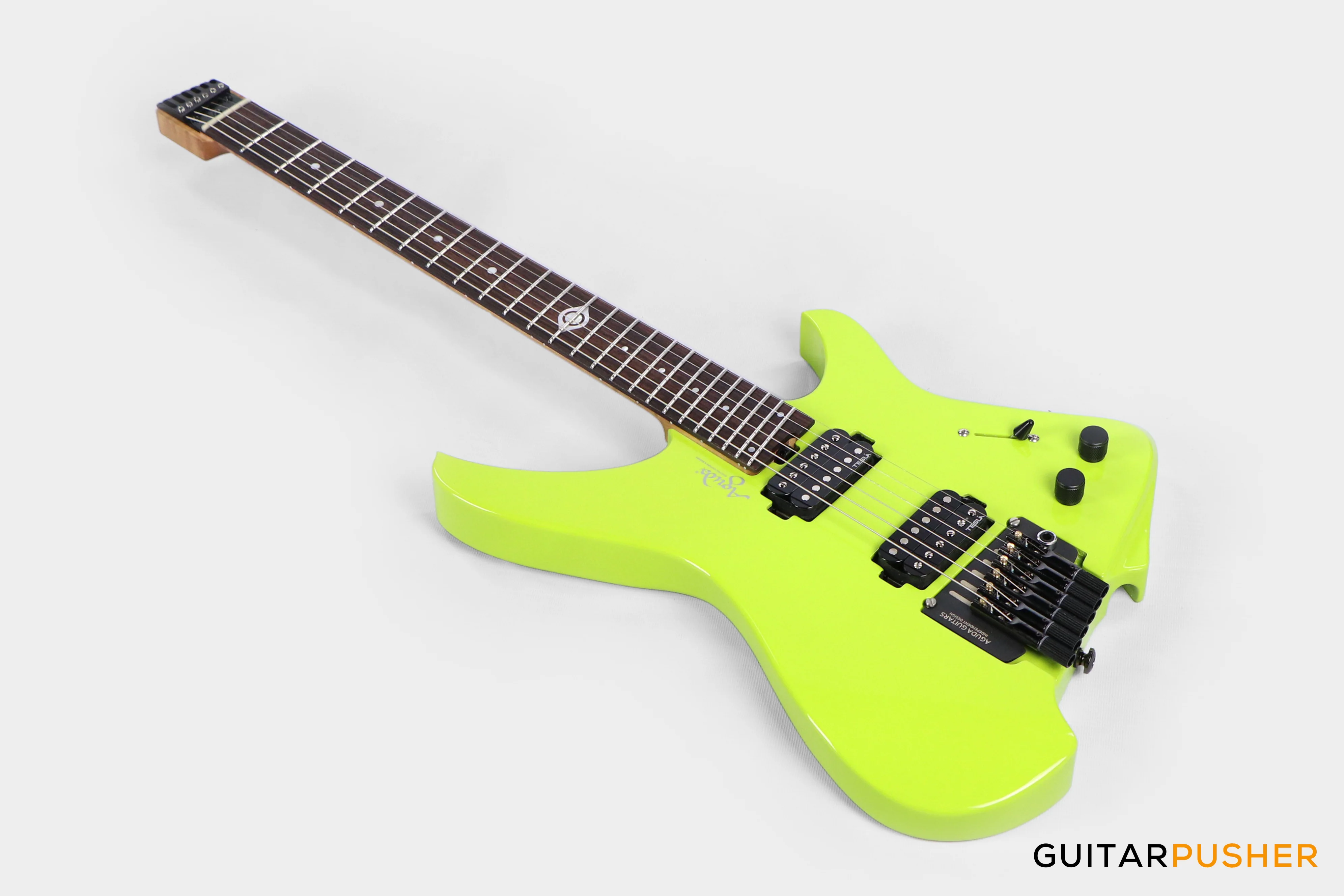 Aguda Black Hole Headless Electric Guitar Mahogany Body Ebony Fretboard - Neon Green - Image 3
