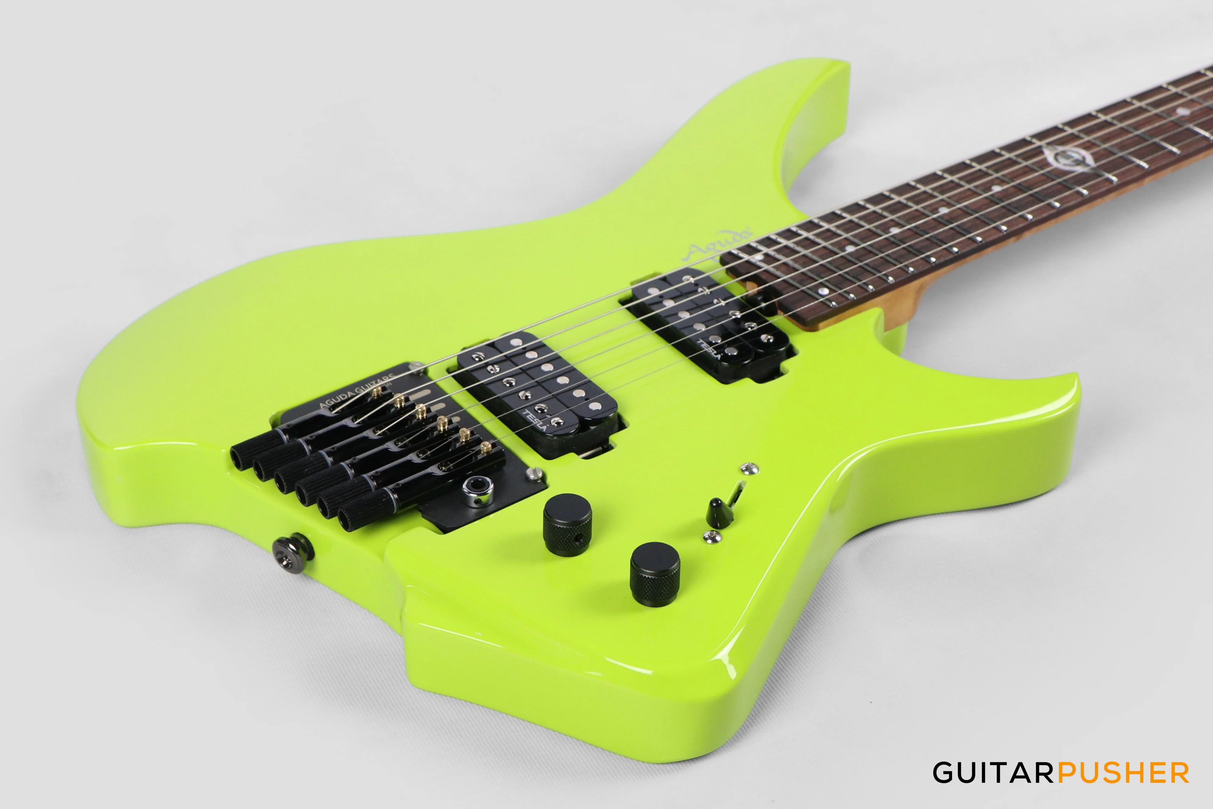 Aguda Black Hole Headless Electric Guitar Mahogany Body Ebony Fretboard - Neon Green - Image 4