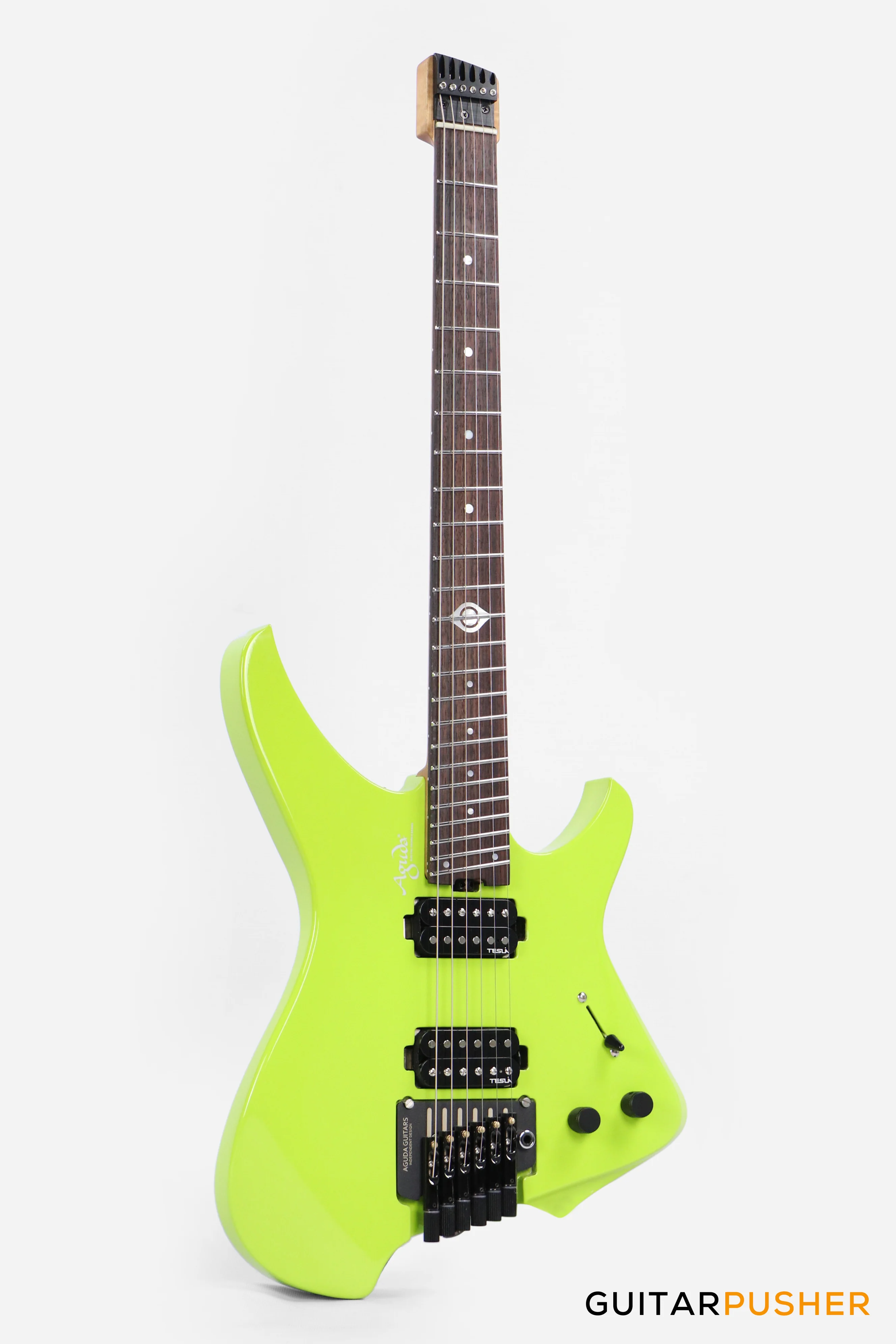 Aguda Black Hole Headless Electric Guitar Mahogany Body Ebony Fretboard - Neon Green - Image 5