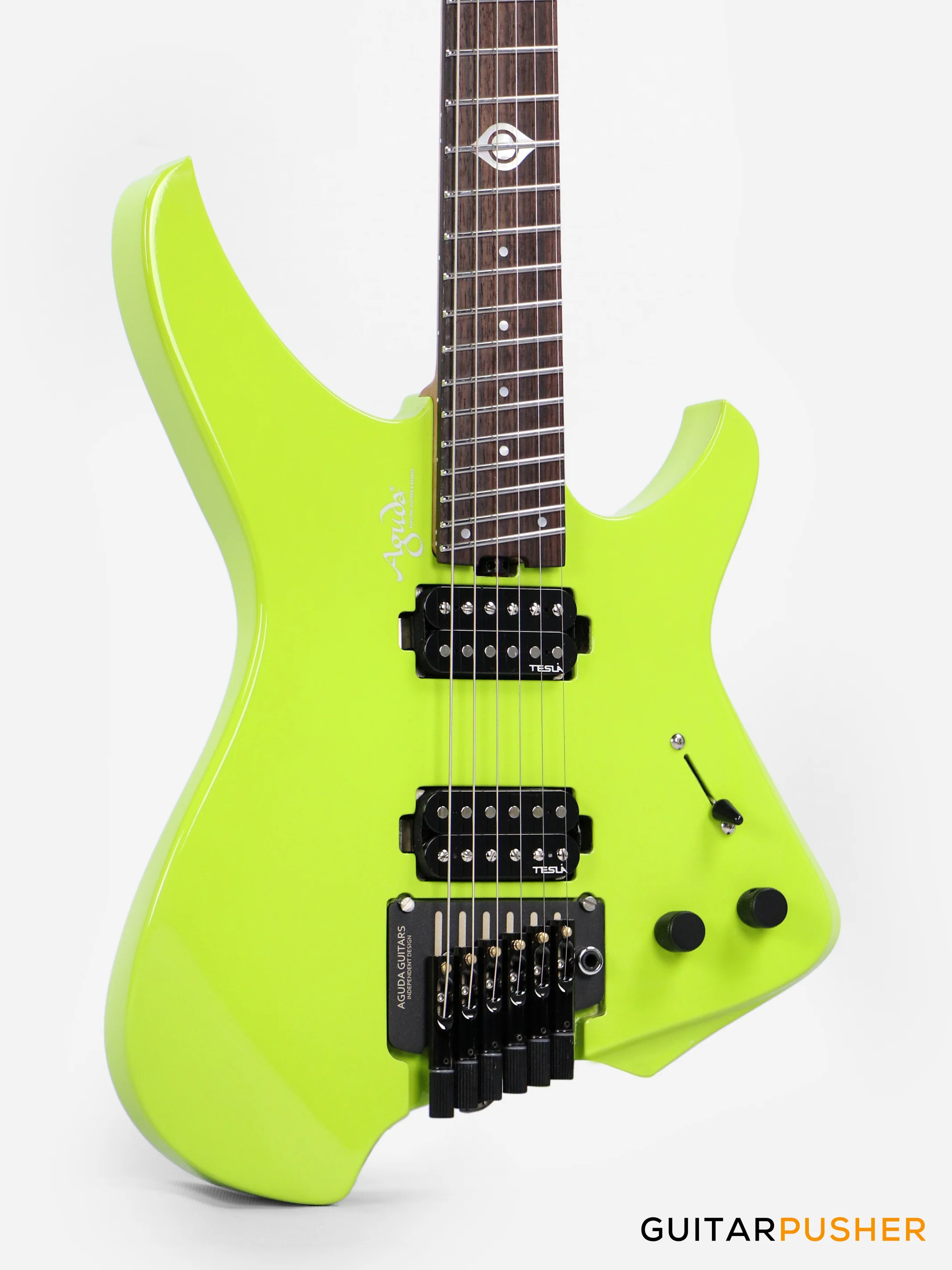 Aguda Black Hole Headless Electric Guitar Mahogany Body Ebony Fretboard - Neon Green - Image 6