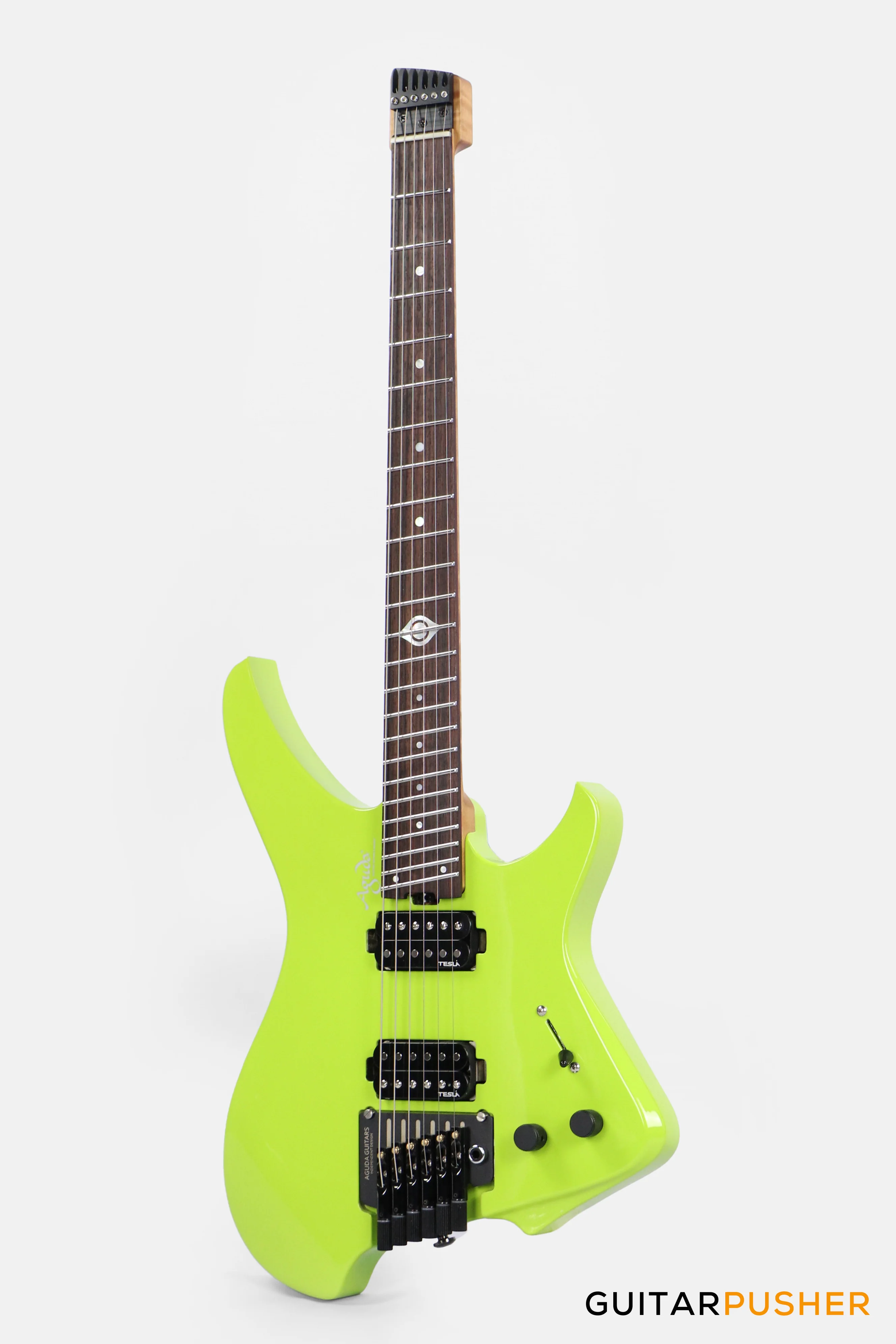 Aguda Black Hole Headless Electric Guitar Mahogany Body Ebony Fretboard - Neon Green - Image 9