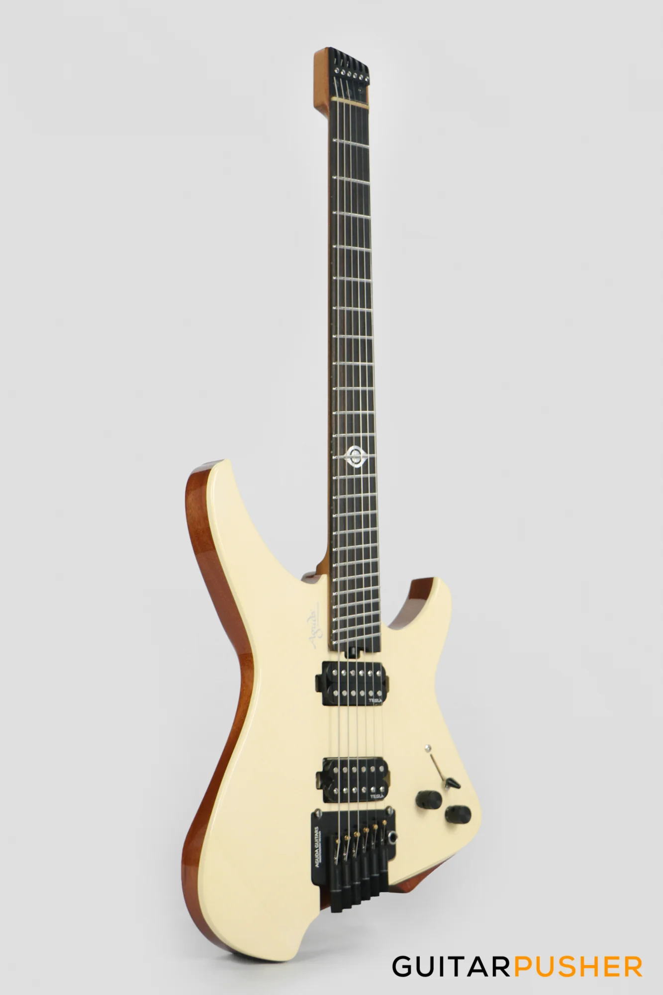 Aguda Black Hole Headless Electric Guitar Mahogany Body Ebony Fretboard - White Natural - Image 4