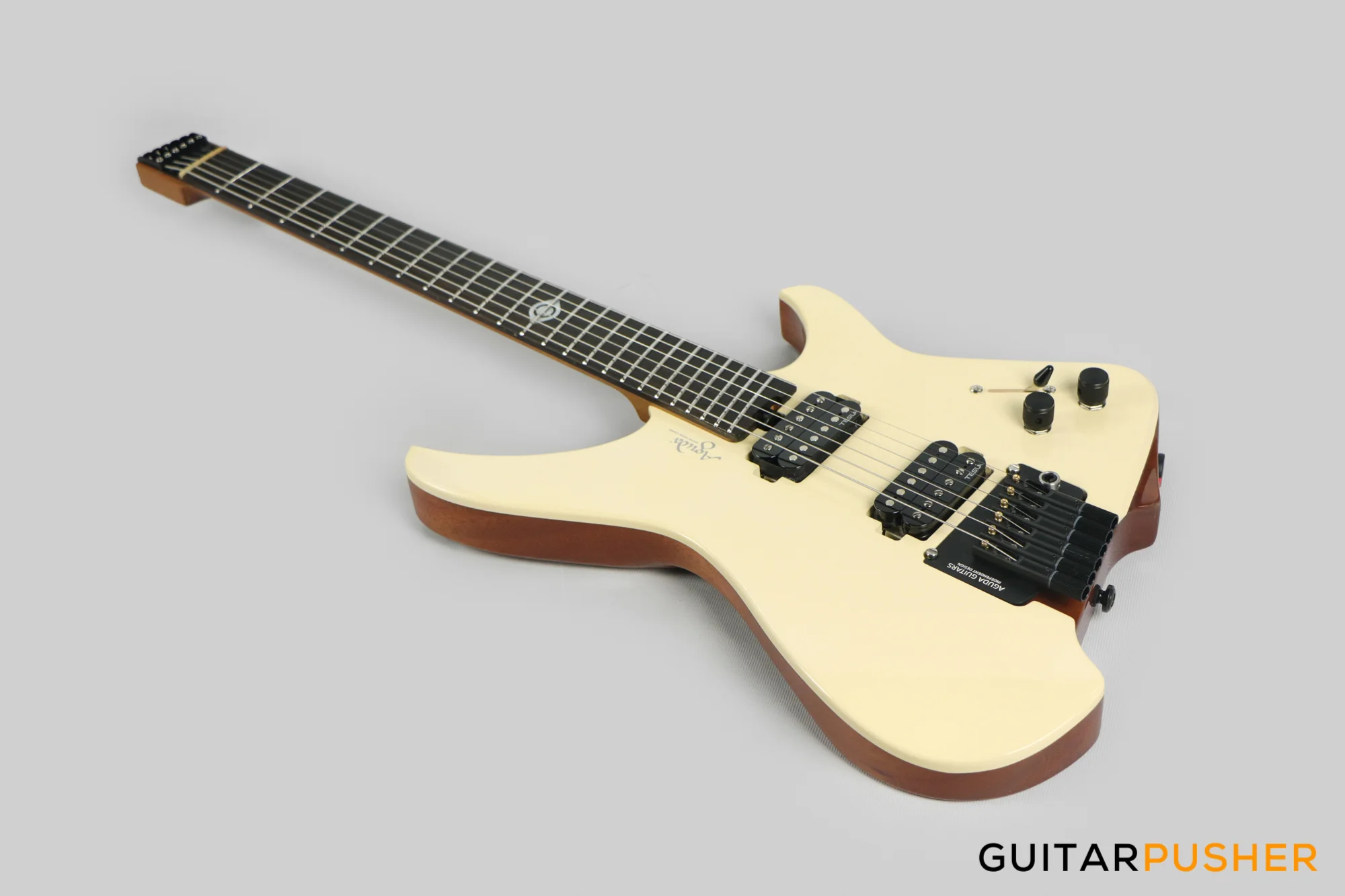 Aguda Black Hole Headless Electric Guitar Mahogany Body Ebony Fretboard - White Natural - Image 8