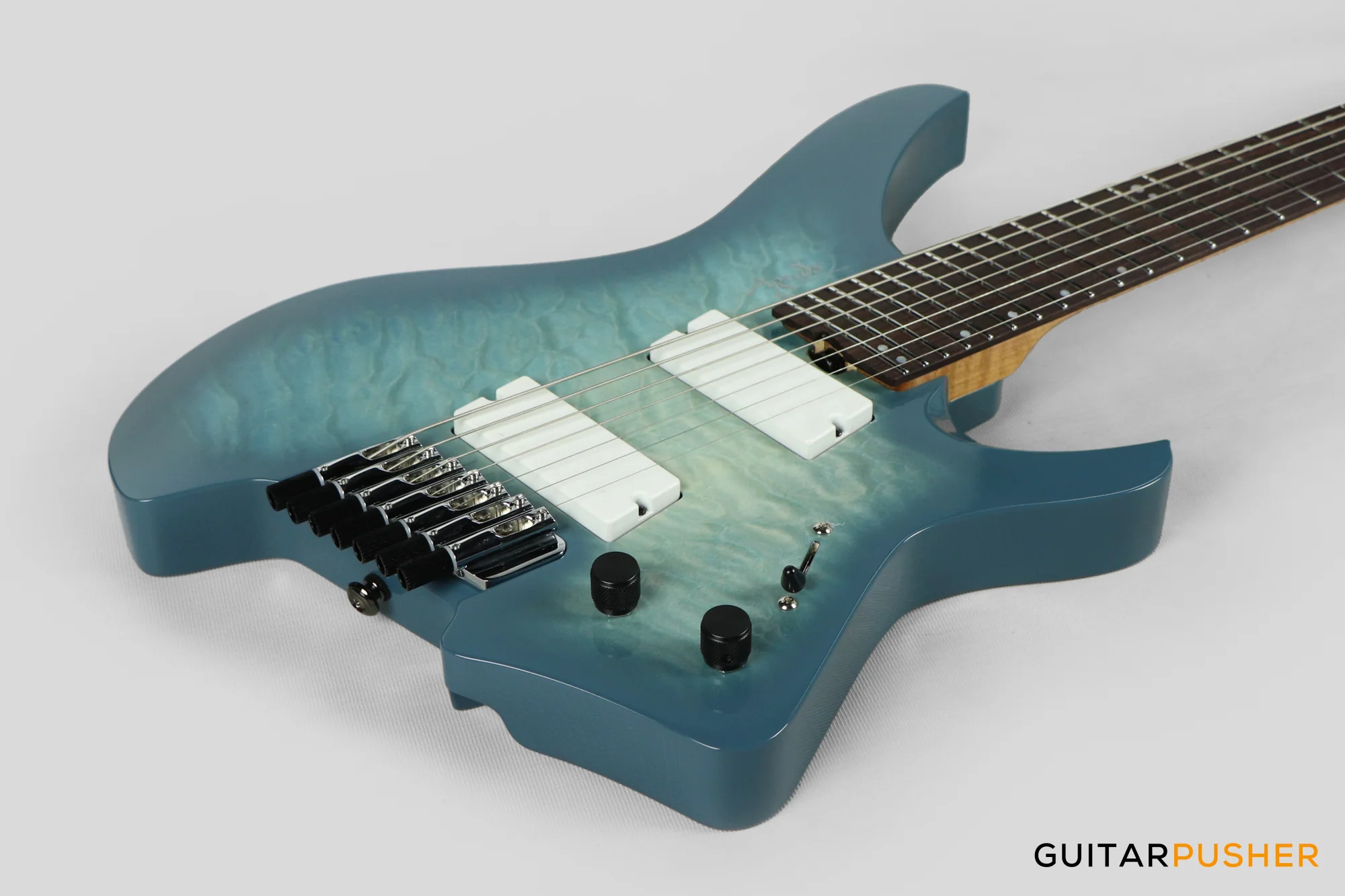 Aguda Black Hole X-7 7-String Headless Electric Guitar Mahogany Body Ebony Fretboard - Transblue Natural Quilt Burst - Image 11