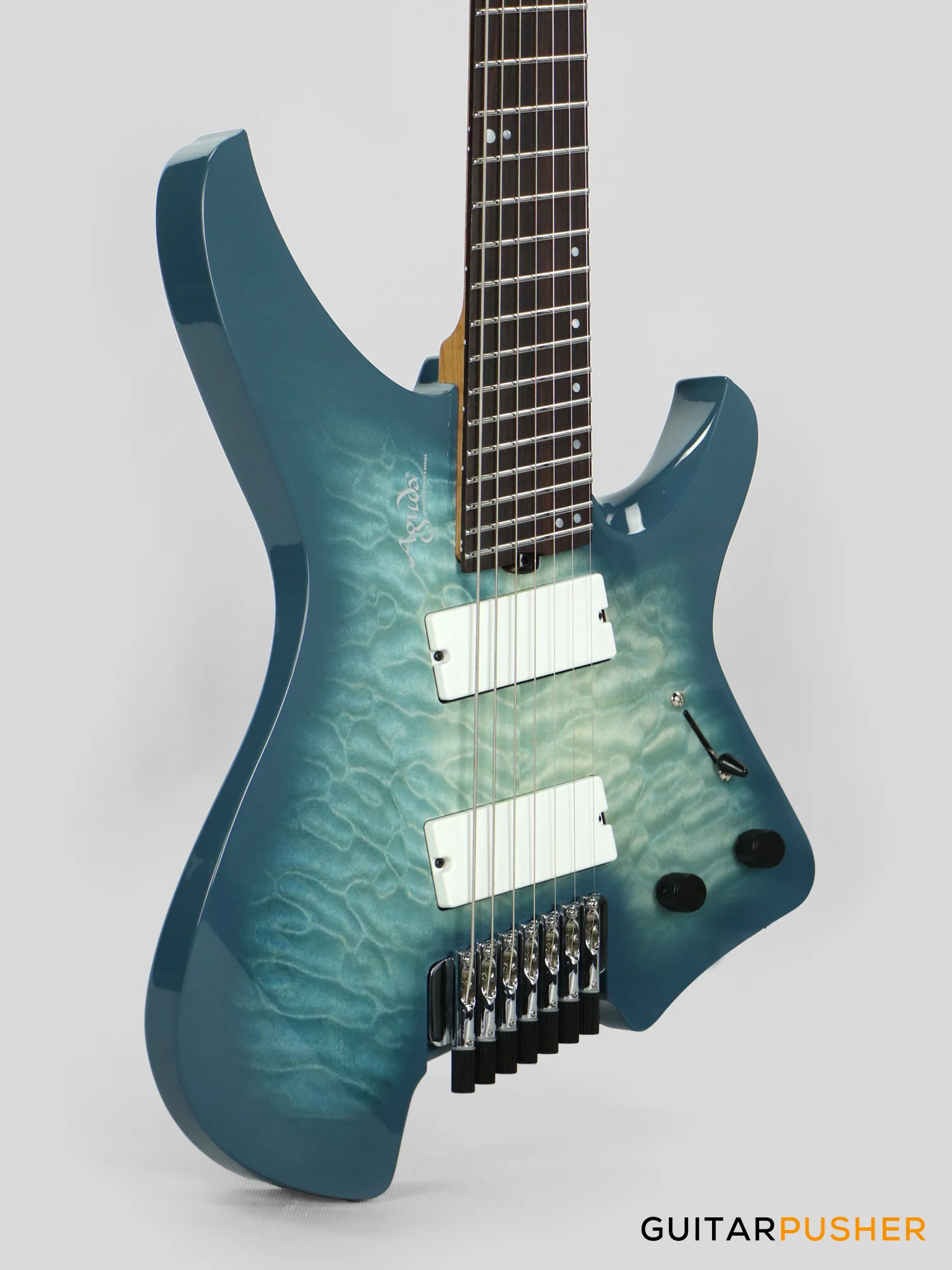 Aguda Black Hole X-7 7-String Headless Electric Guitar Mahogany Body Ebony Fretboard - Transblue Natural Quilt Burst - Image 4