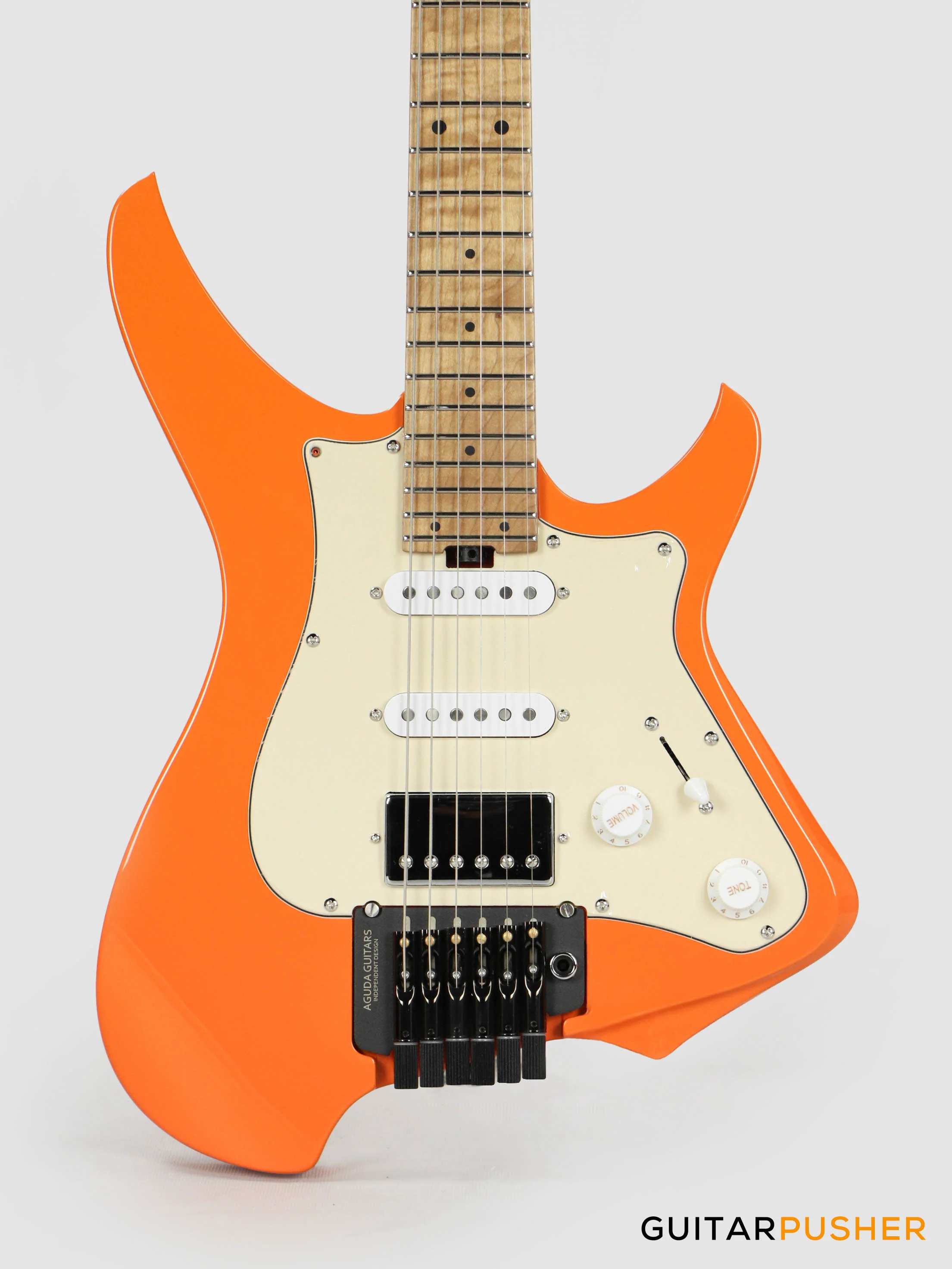 Aguda Musicboy Pro Headless Electric Guitar Alder Body Roasted Maple Fretboard - Capri Orange w/ Cream Pickguard