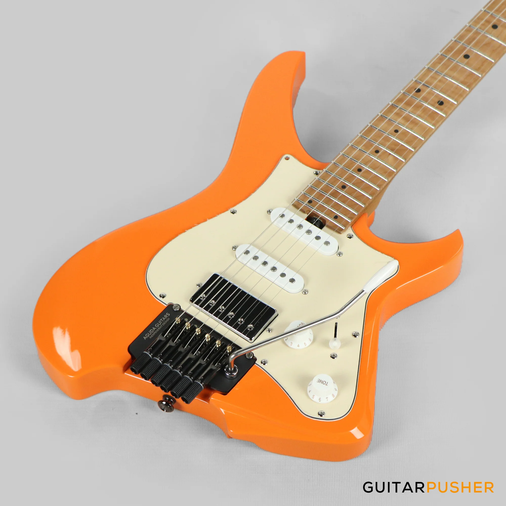 Aguda Musicboy Pro Headless Electric Guitar Alder Body Roasted Maple Fretboard - Capri Orange w/ Cream Pickguard - Image 10