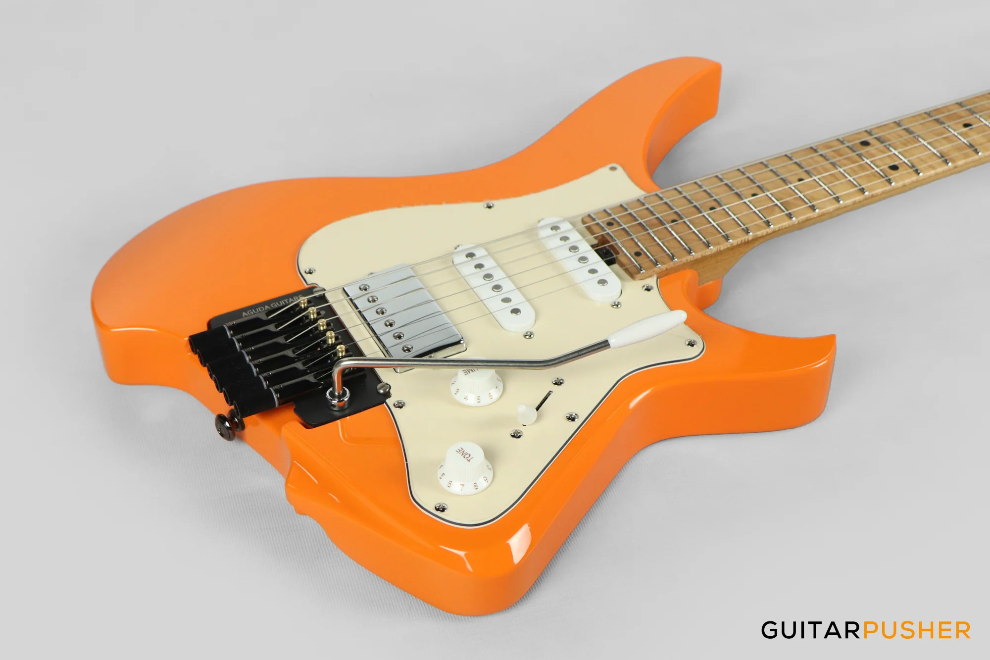 Aguda Musicboy Pro Headless Electric Guitar Alder Body Roasted Maple Fretboard - Capri Orange w/ Cream Pickguard - Image 11