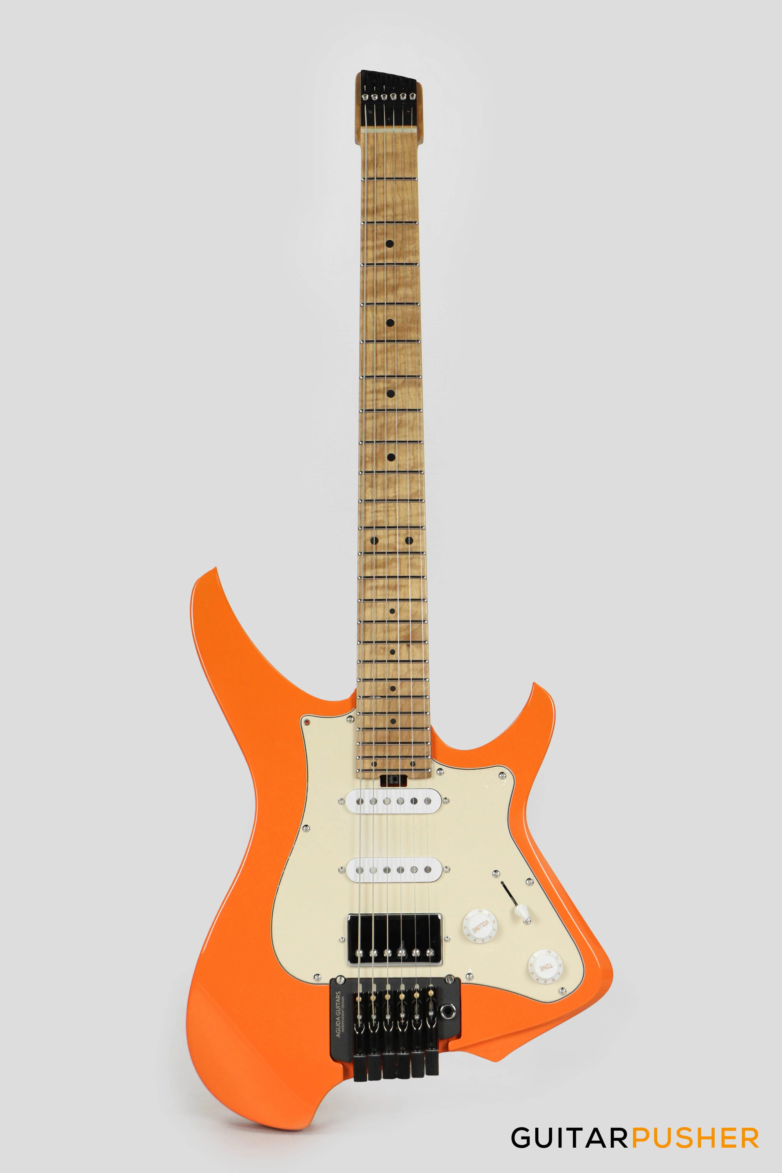 Aguda Musicboy Pro Headless Electric Guitar Alder Body Roasted Maple Fretboard - Capri Orange w/ Cream Pickguard - Image 2