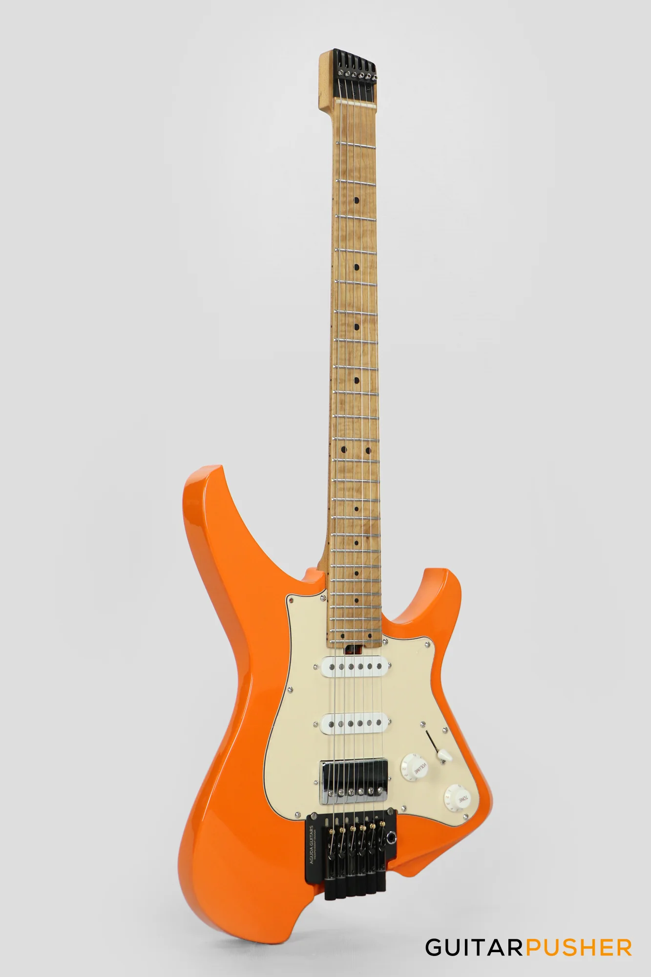 Aguda Musicboy Pro Headless Electric Guitar Alder Body Roasted Maple Fretboard - Capri Orange w/ Cream Pickguard - Image 3