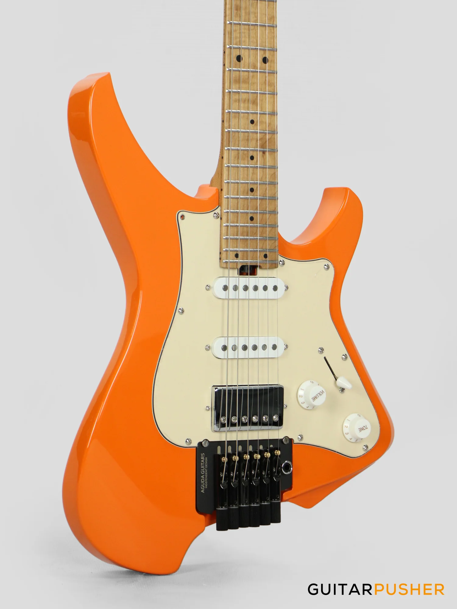 Aguda Musicboy Pro Headless Electric Guitar Alder Body Roasted Maple Fretboard - Capri Orange w/ Cream Pickguard - Image 4