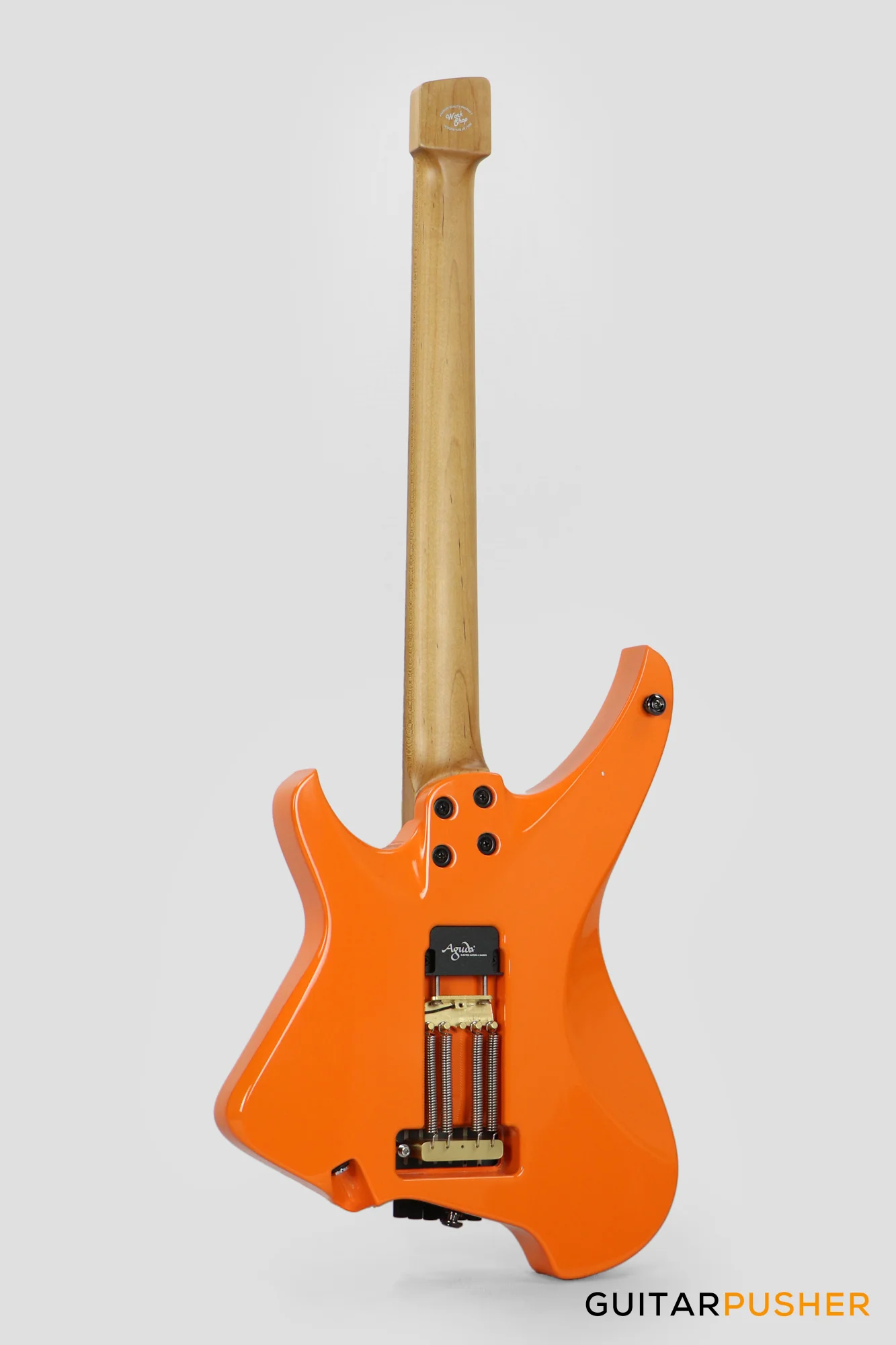 Aguda Musicboy Pro Headless Electric Guitar Alder Body Roasted Maple Fretboard - Capri Orange w/ Cream Pickguard - Image 6