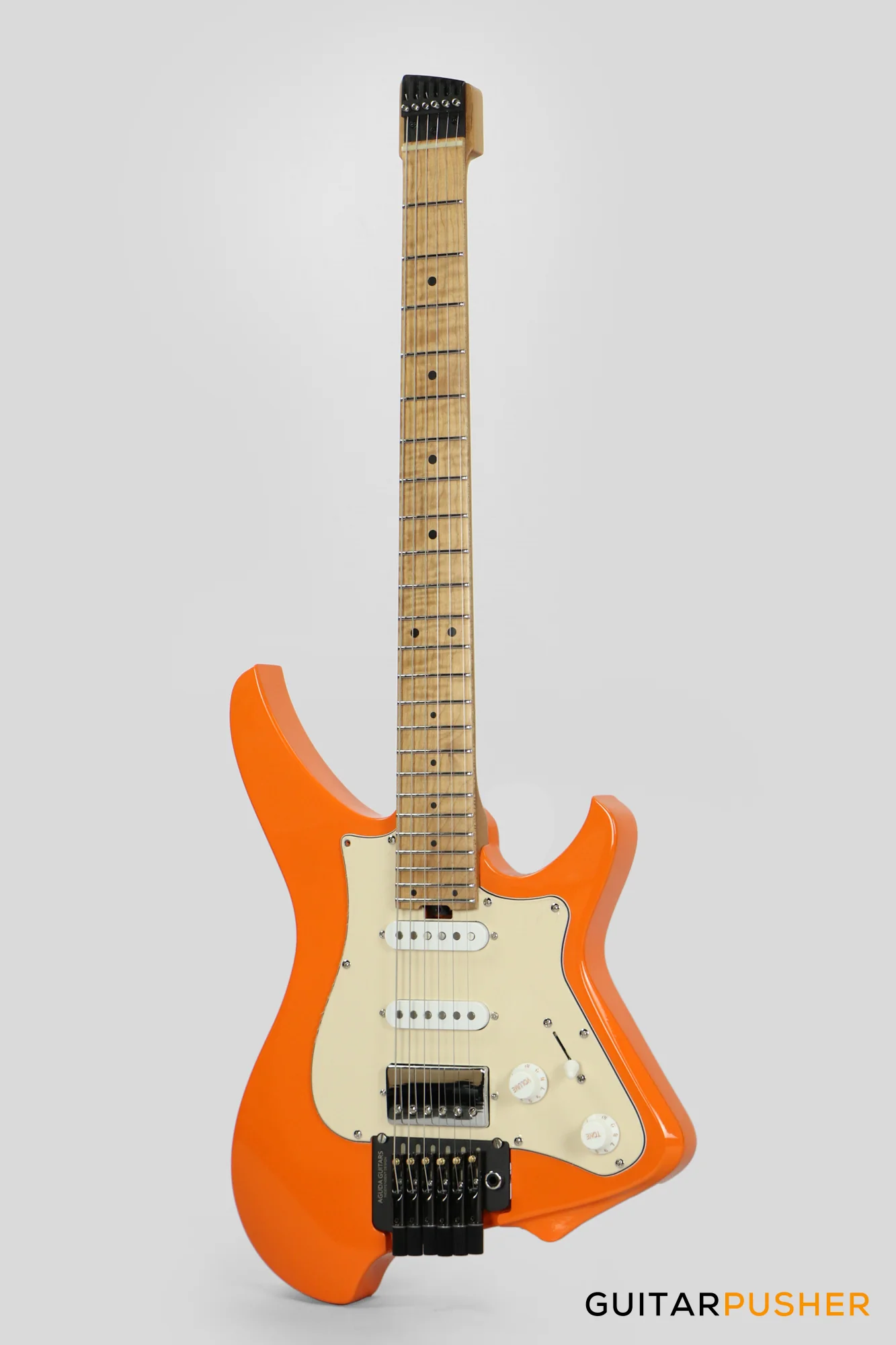 Aguda Musicboy Pro Headless Electric Guitar Alder Body Roasted Maple Fretboard - Capri Orange w/ Cream Pickguard - Image 7