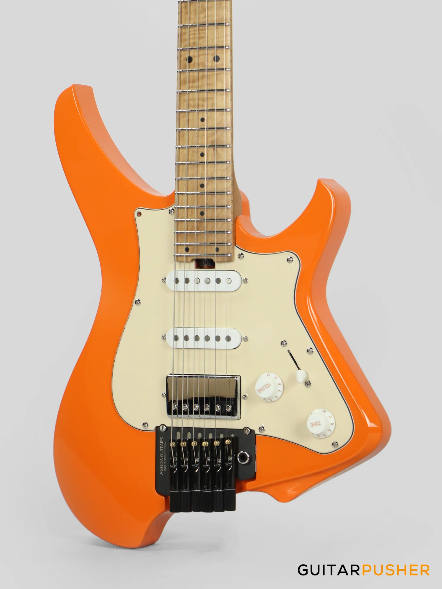 Aguda Musicboy Pro Headless Electric Guitar Alder Body Roasted Maple Fretboard - Capri Orange w/ Cream Pickguard - Image 8