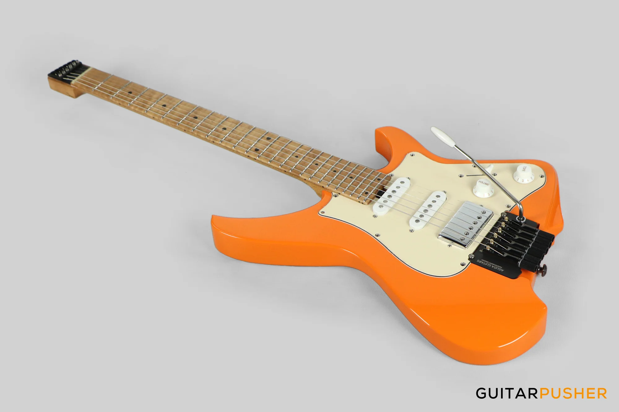 Aguda Musicboy Pro Headless Electric Guitar Alder Body Roasted Maple Fretboard - Capri Orange w/ Cream Pickguard - Image 9