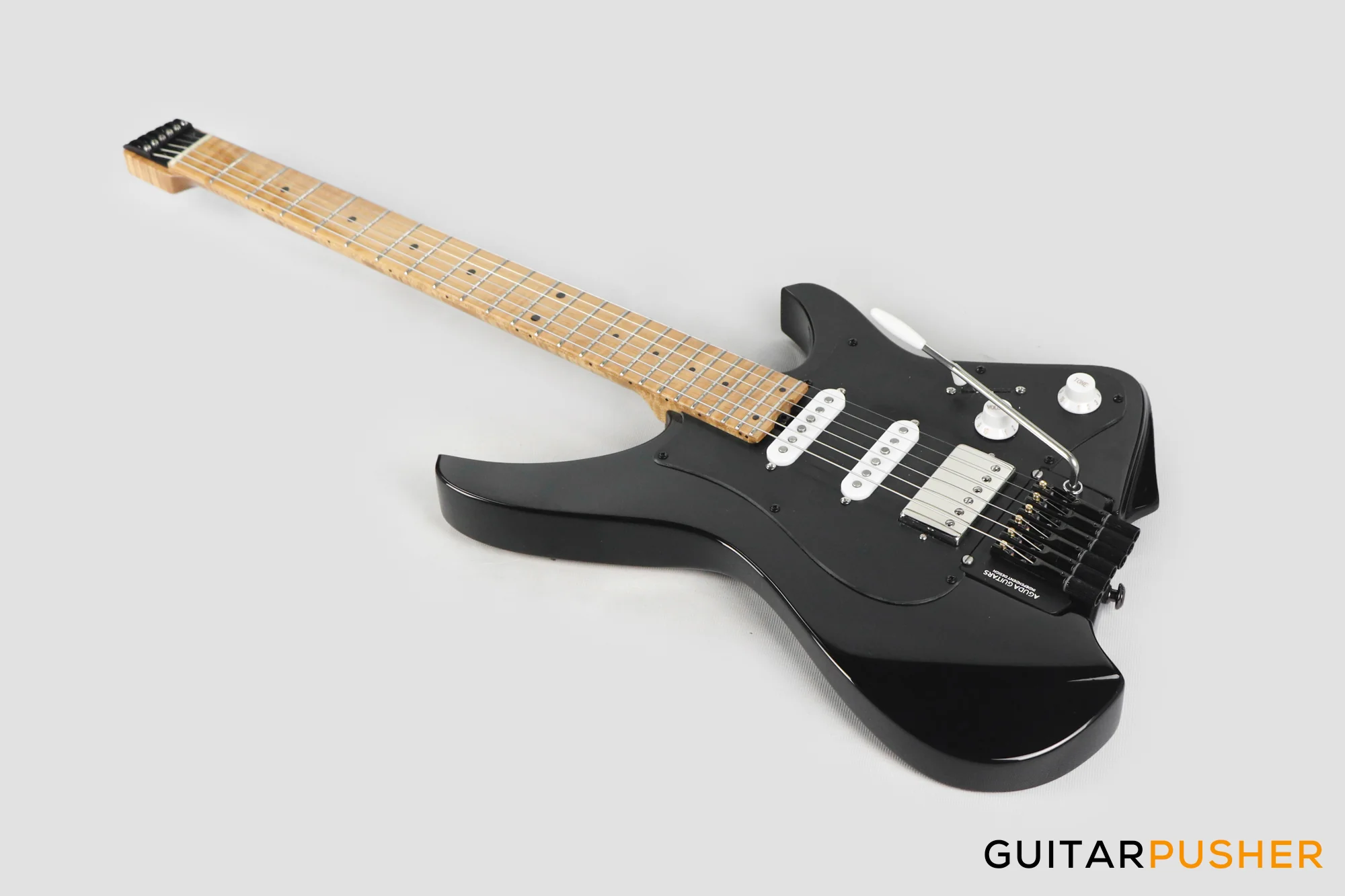 Aguda Musicboy Pro Headless Electric Guitar Alder Body Roasted Maple Fretboard - Gilmour Black w/ Black Pickguard - Image 10