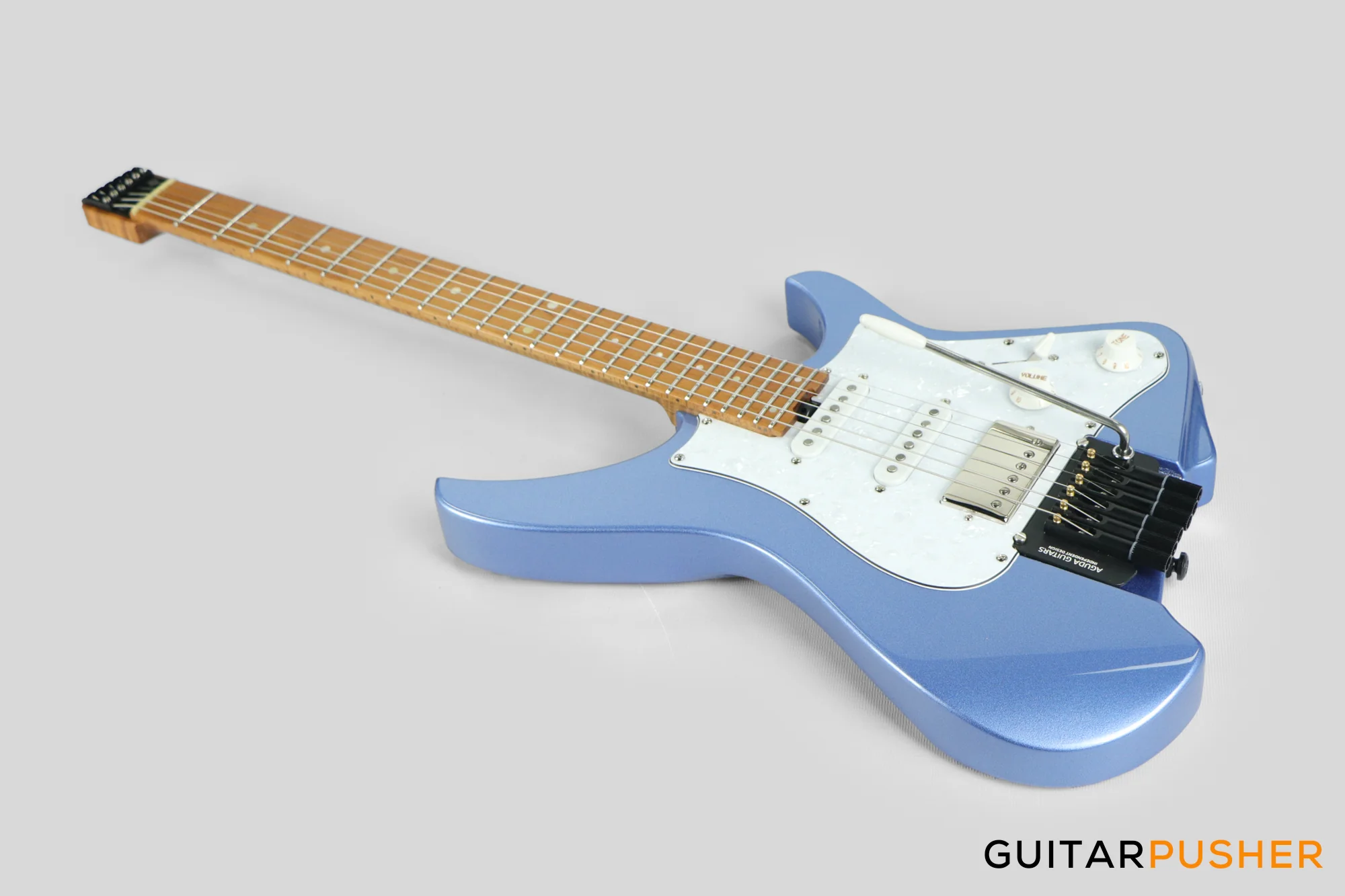 Aguda Musicboy Pro Headless Electric Guitar Alder Body Roasted Maple Fretboard - Metallic Blue w/ Pearloid Pickguard - Image 10