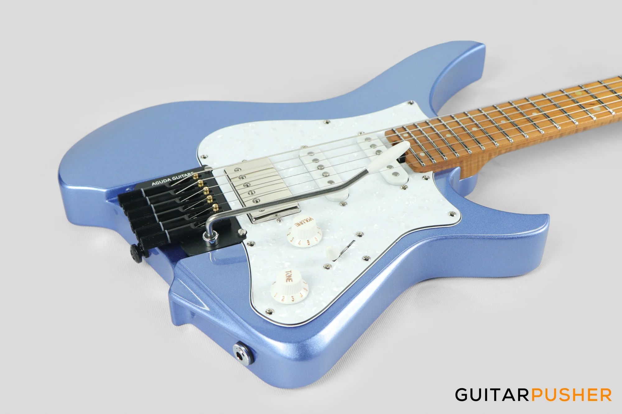 Aguda Musicboy Pro Headless Electric Guitar Alder Body Roasted Maple Fretboard - Metallic Blue w/ Pearloid Pickguard - Image 11