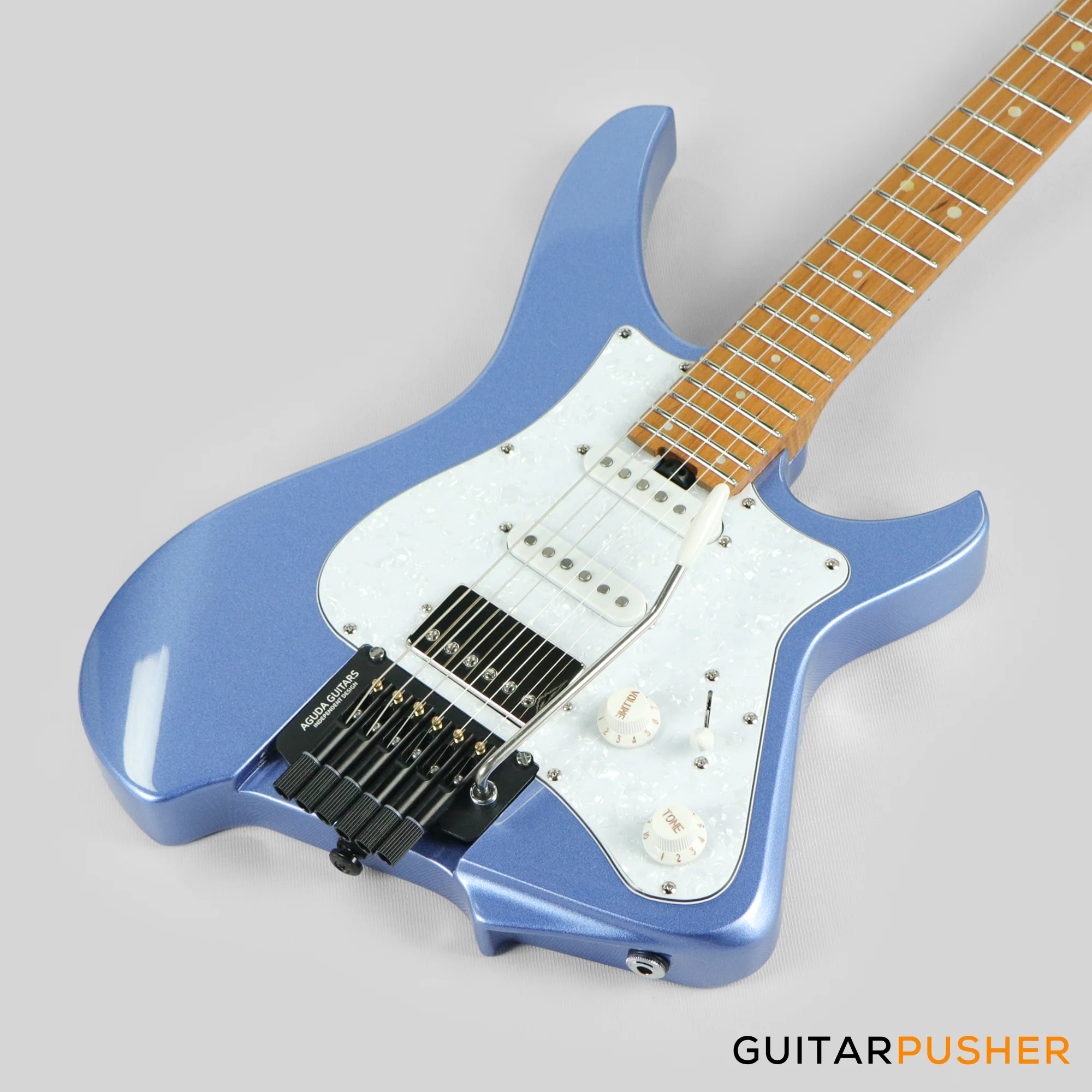 Aguda Musicboy Pro Headless Electric Guitar Alder Body Roasted Maple Fretboard - Metallic Blue w/ Pearloid Pickguard - Image 12
