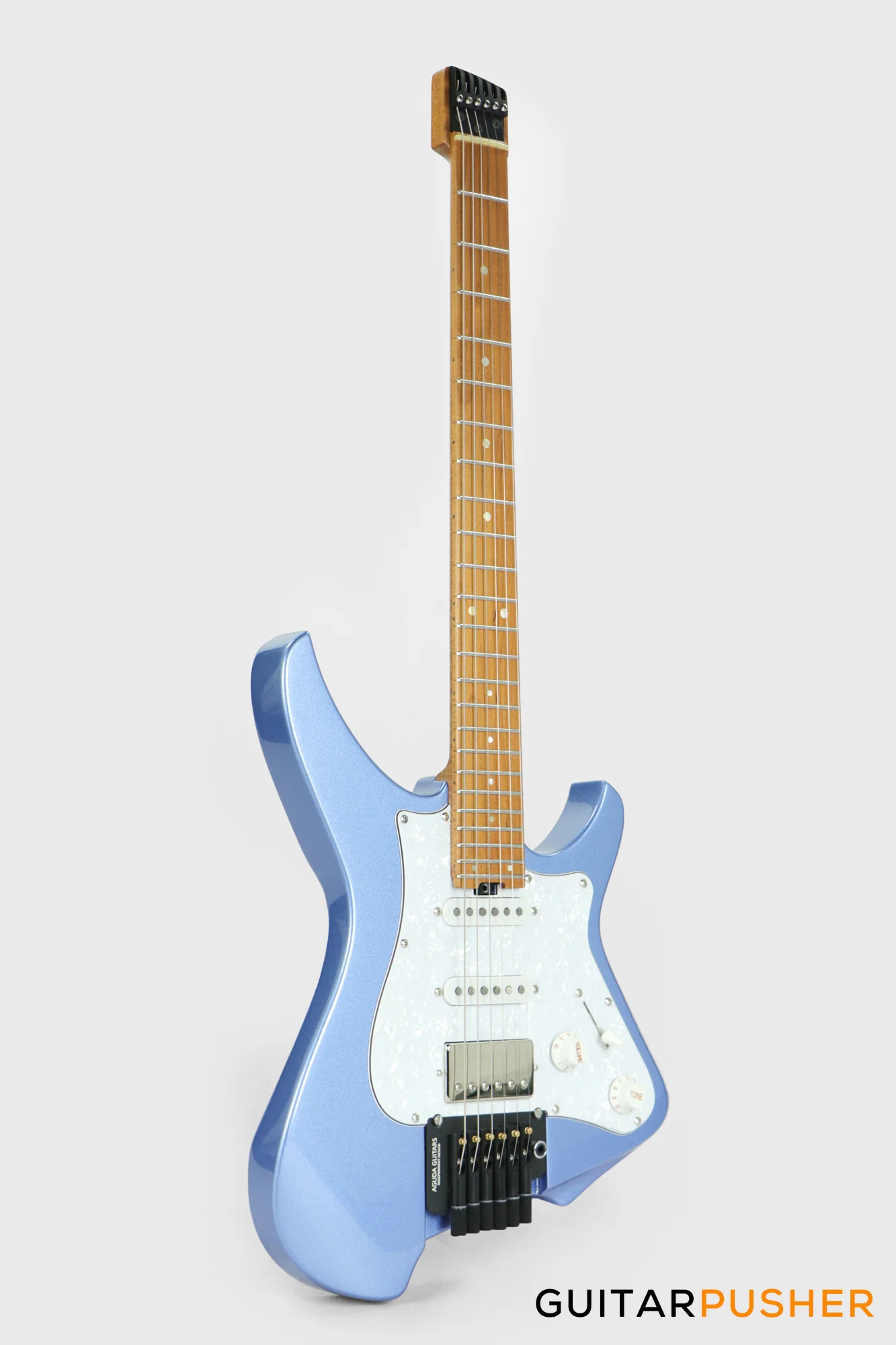 Aguda Musicboy Pro Headless Electric Guitar Alder Body Roasted Maple Fretboard - Metallic Blue w/ Pearloid Pickguard - Image 4