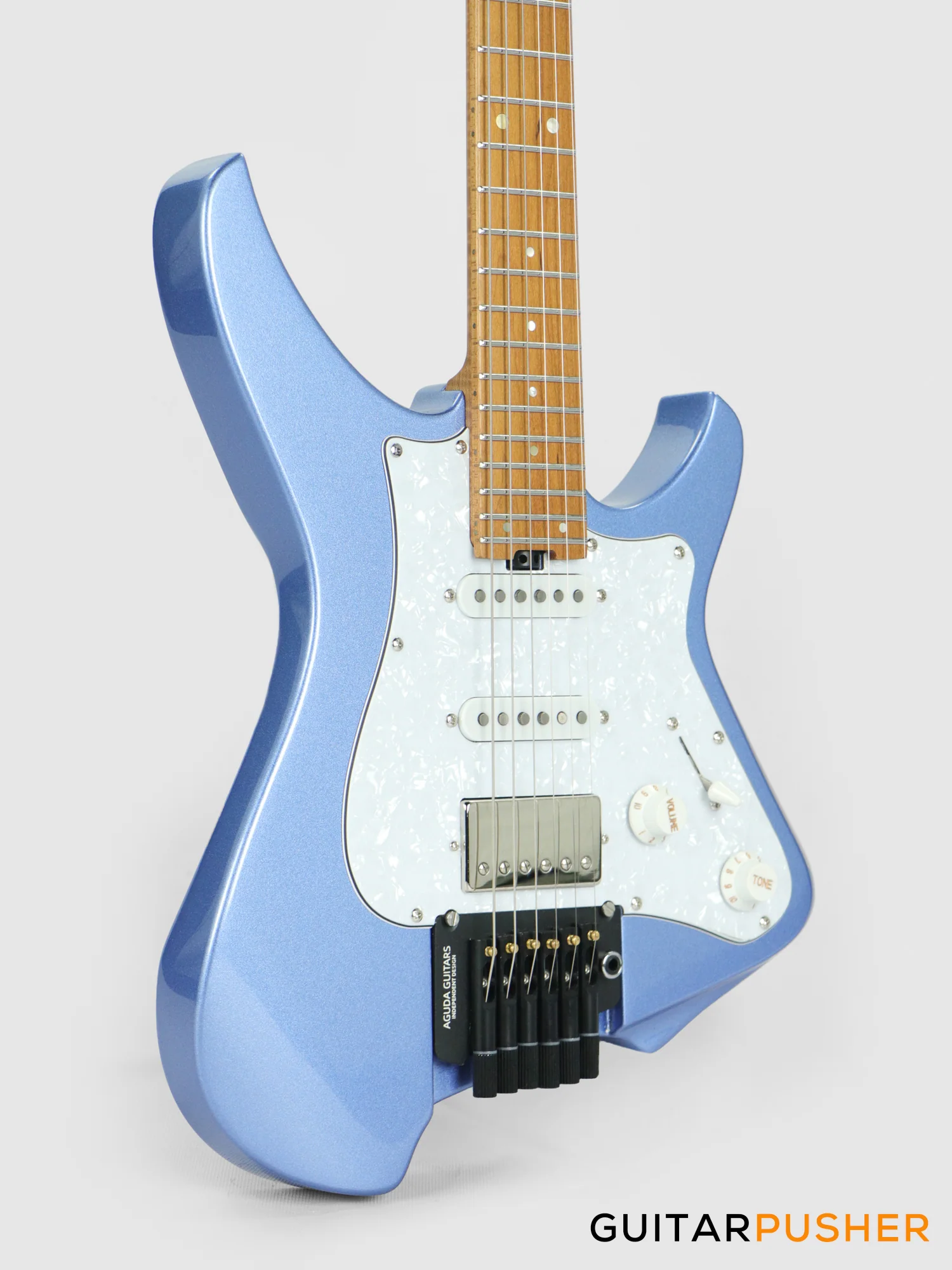 Aguda Musicboy Pro Headless Electric Guitar Alder Body Roasted Maple Fretboard - Metallic Blue w/ Pearloid Pickguard - Image 5