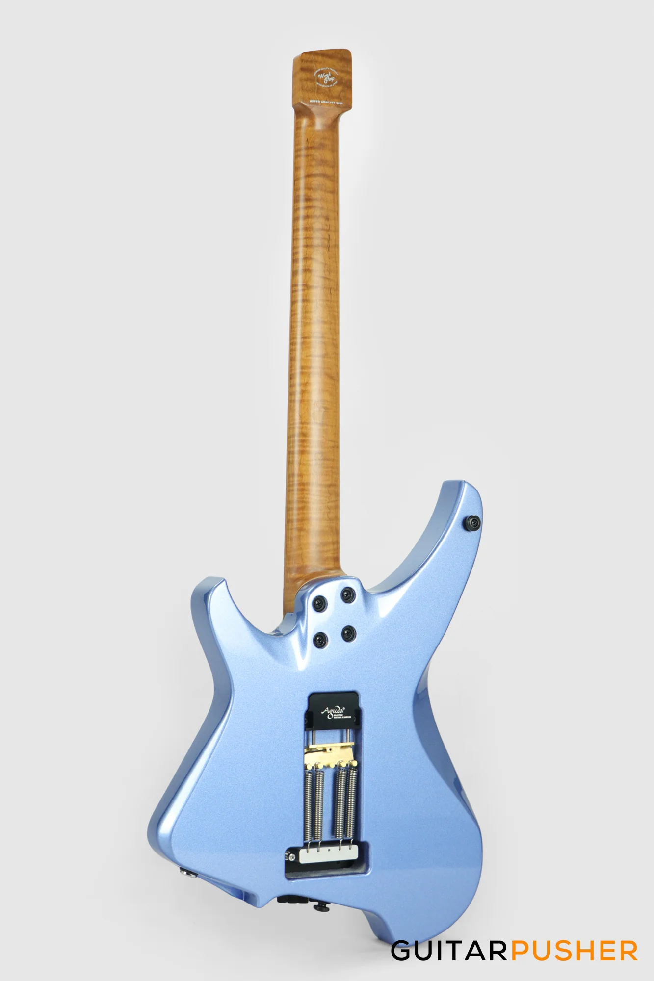 Aguda Musicboy Pro Headless Electric Guitar Alder Body Roasted Maple Fretboard - Metallic Blue w/ Pearloid Pickguard - Image 7