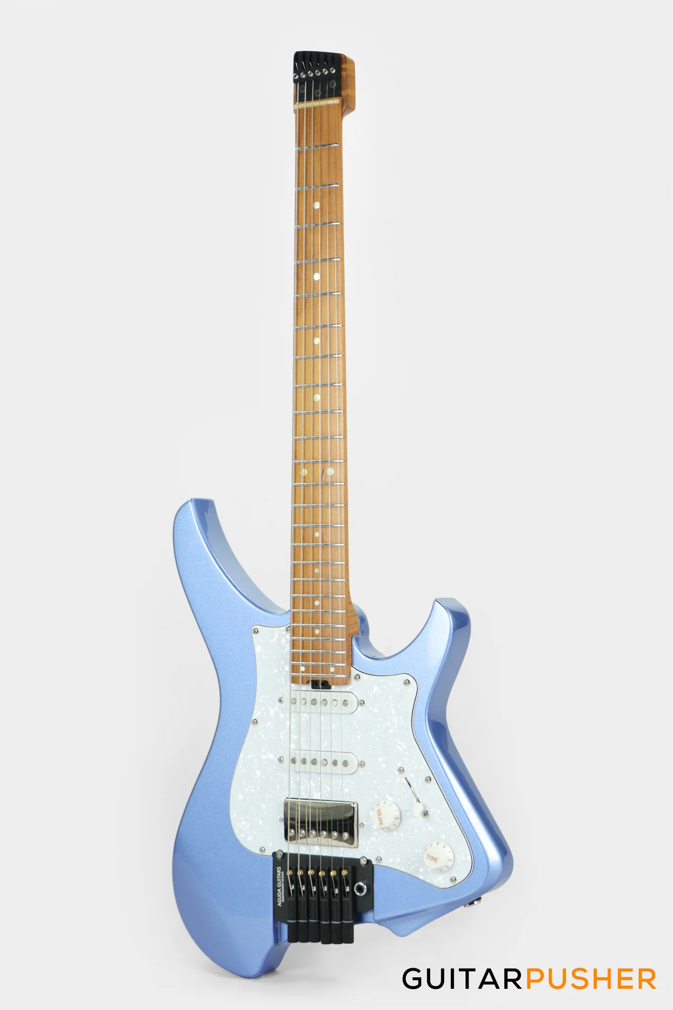 Aguda Musicboy Pro Headless Electric Guitar Alder Body Roasted Maple Fretboard - Metallic Blue w/ Pearloid Pickguard - Image 8