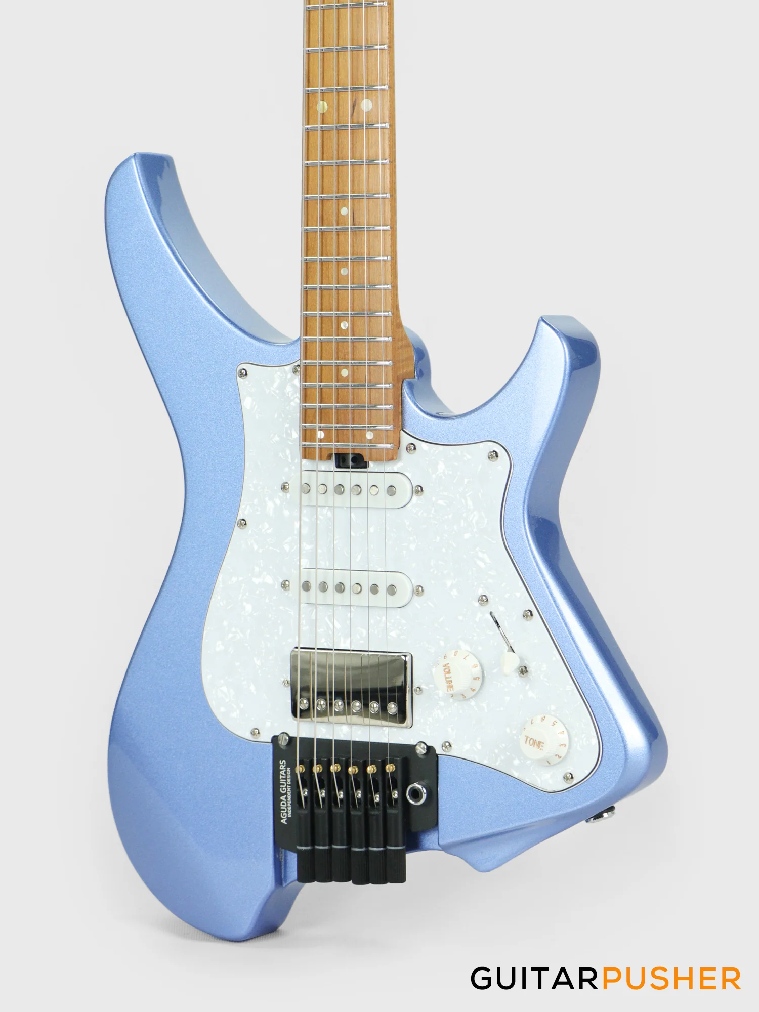 Aguda Musicboy Pro Headless Electric Guitar Alder Body Roasted Maple Fretboard - Metallic Blue w/ Pearloid Pickguard - Image 9