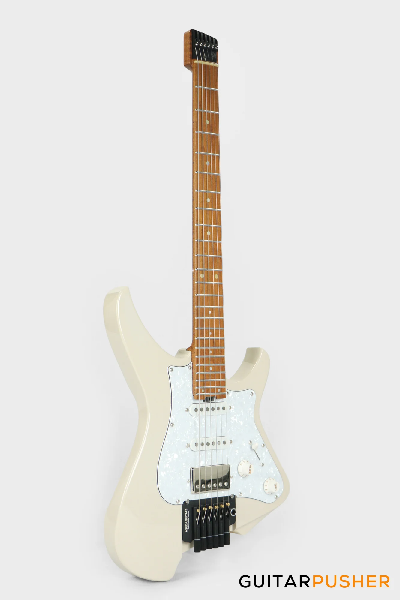 Aguda Musicboy Pro Headless Electric Guitar Alder Body Roasted Maple Fretboard - Olympic White w/ Pearloid Pickguard - Image 10