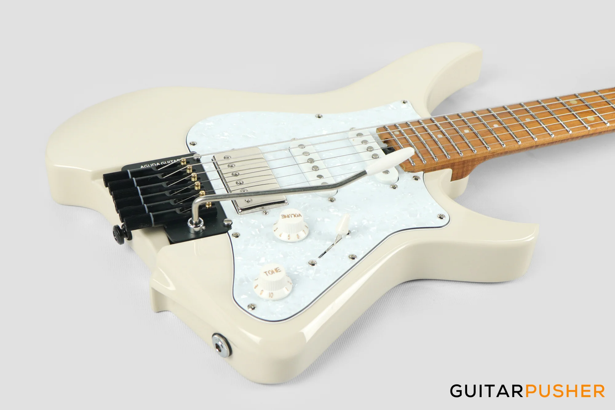 Aguda Musicboy Pro Headless Electric Guitar Alder Body Roasted Maple Fretboard - Olympic White w/ Pearloid Pickguard - Image 11