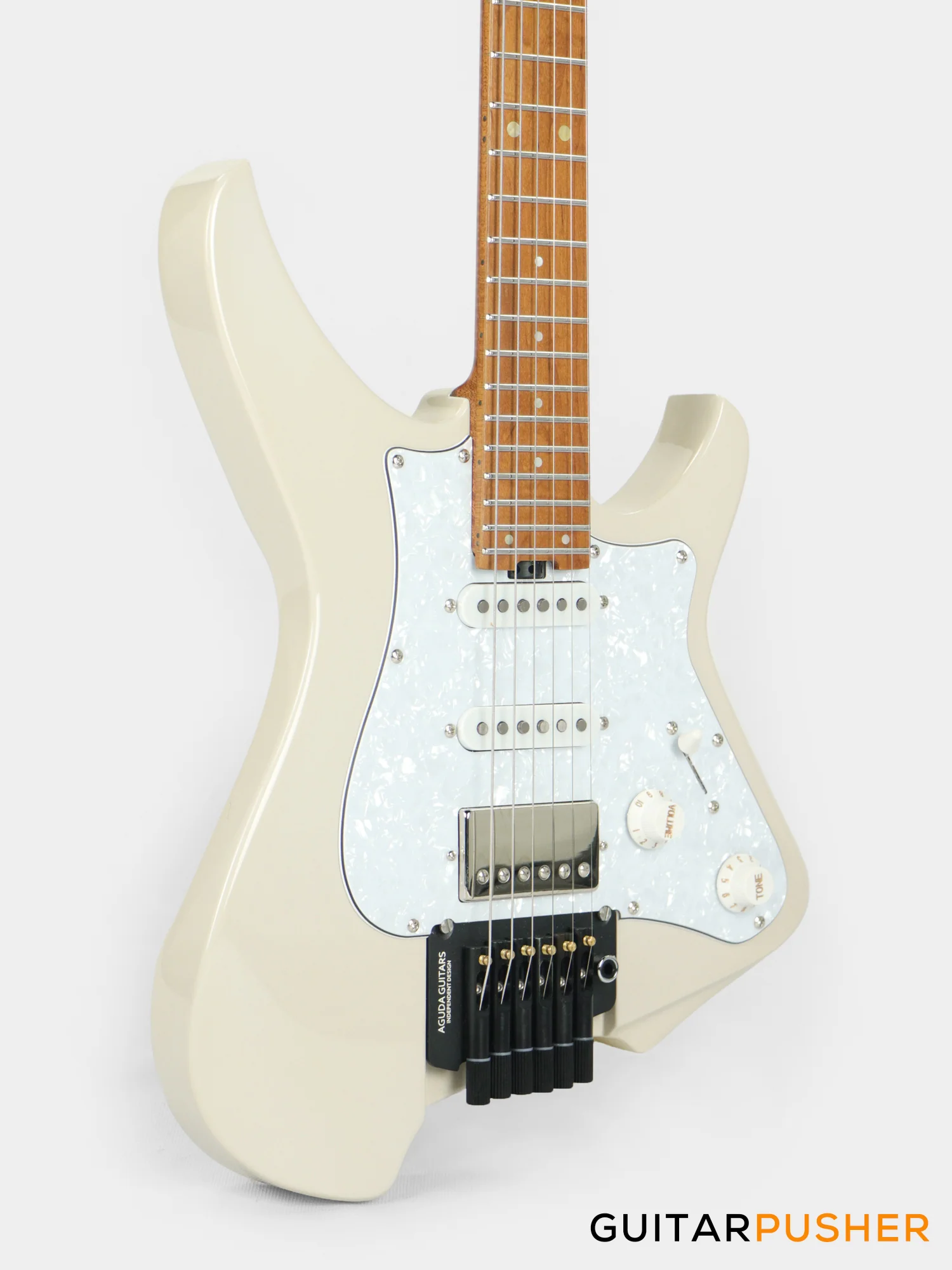 Aguda Musicboy Pro Headless Electric Guitar Alder Body Roasted Maple Fretboard - Olympic White w/ Pearloid Pickguard - Image 12